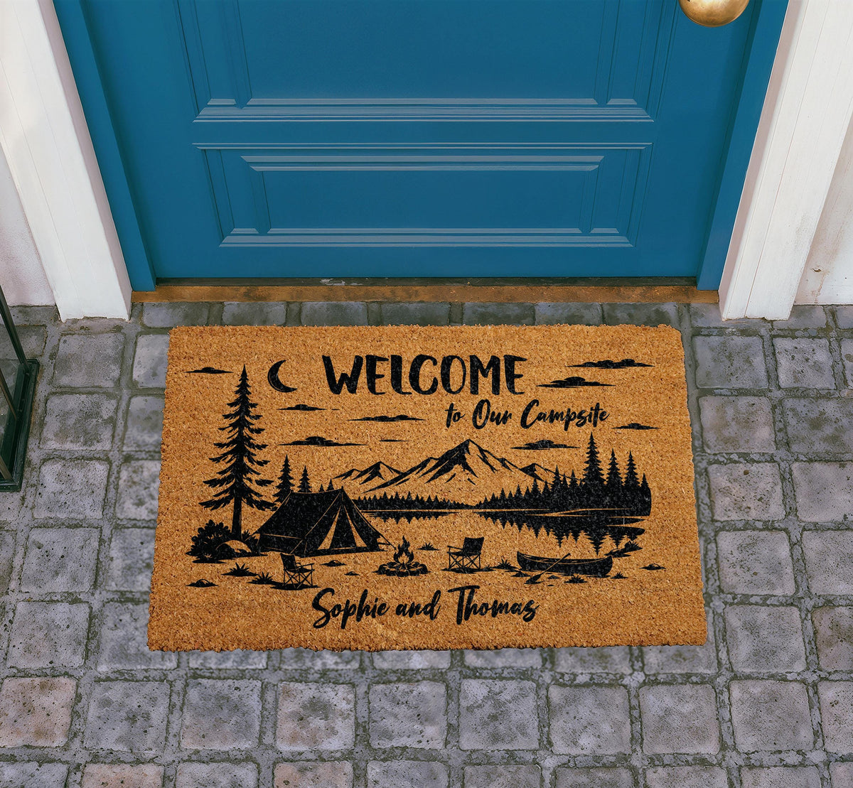 Welcome To Our Campsite Doormat, Personalized Camping Welcome Mat, Custom Couple Name Door Mat, Happy Campers Coir Mat, RV Housewarming Gift