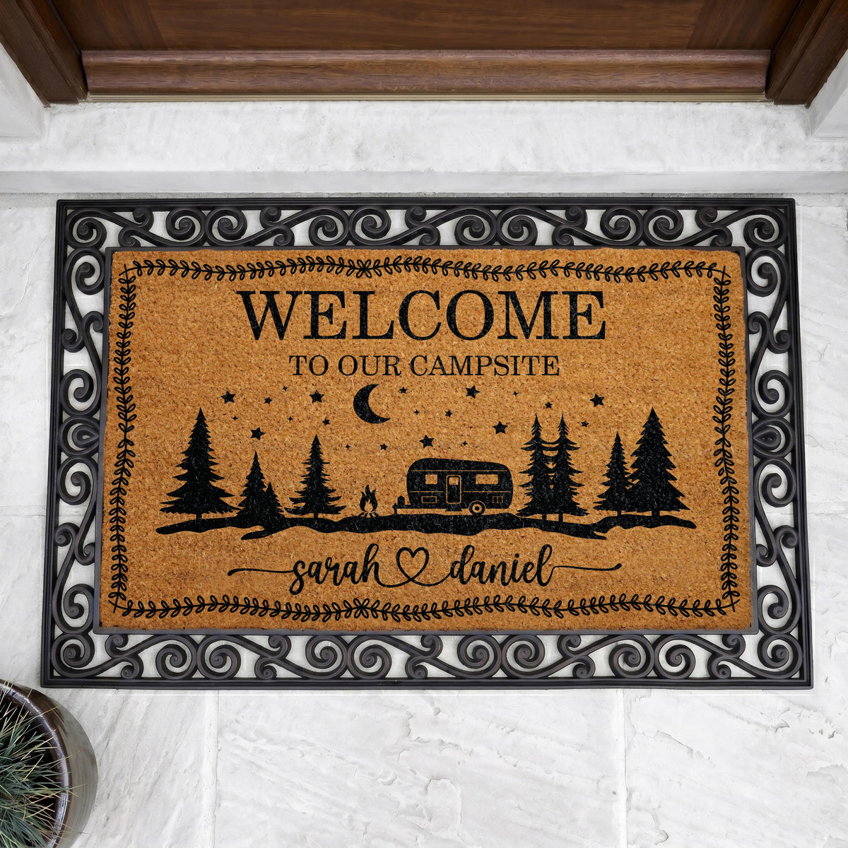 Welcome To Our Campsite Doormat, Personalized Camping Welcome Mat, Custom Couple Name Door Mat, Happy Campers Coir Mat, RV Housewarming Gift
