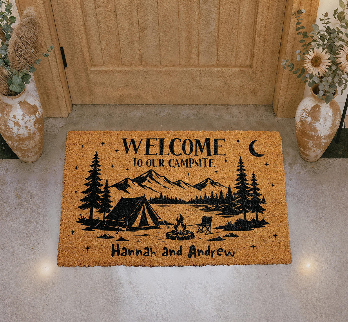 Welcome To Our Campsite Doormat, Personalized Camping Welcome Mat, Custom Couple Name Door Mat, Happy Campers Coir Mat, RV Housewarming Gift