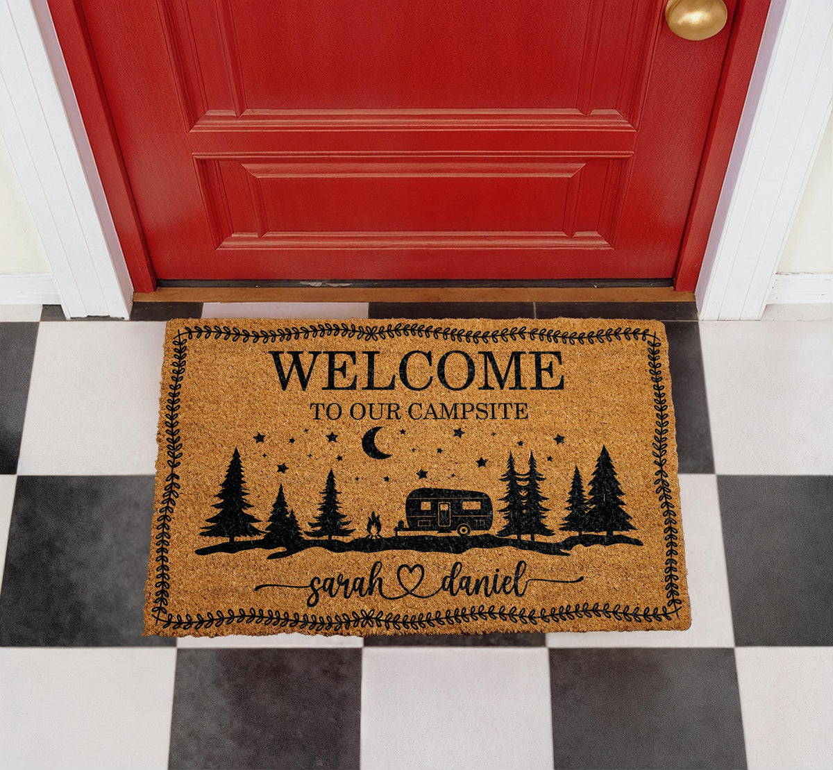 Welcome To Our Campsite Doormat, Personalized Camping Welcome Mat, Custom Couple Name Door Mat, Happy Campers Coir Mat, RV Housewarming Gift