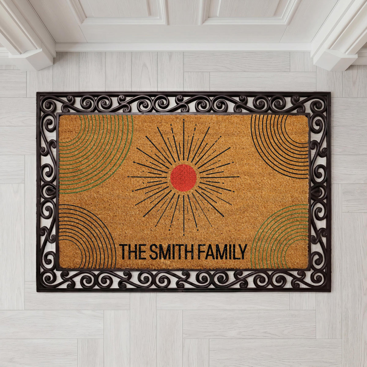 Custom Boho Sunburst Doormat, Celestial Welcome Mat, Mid-Century Modern Rug