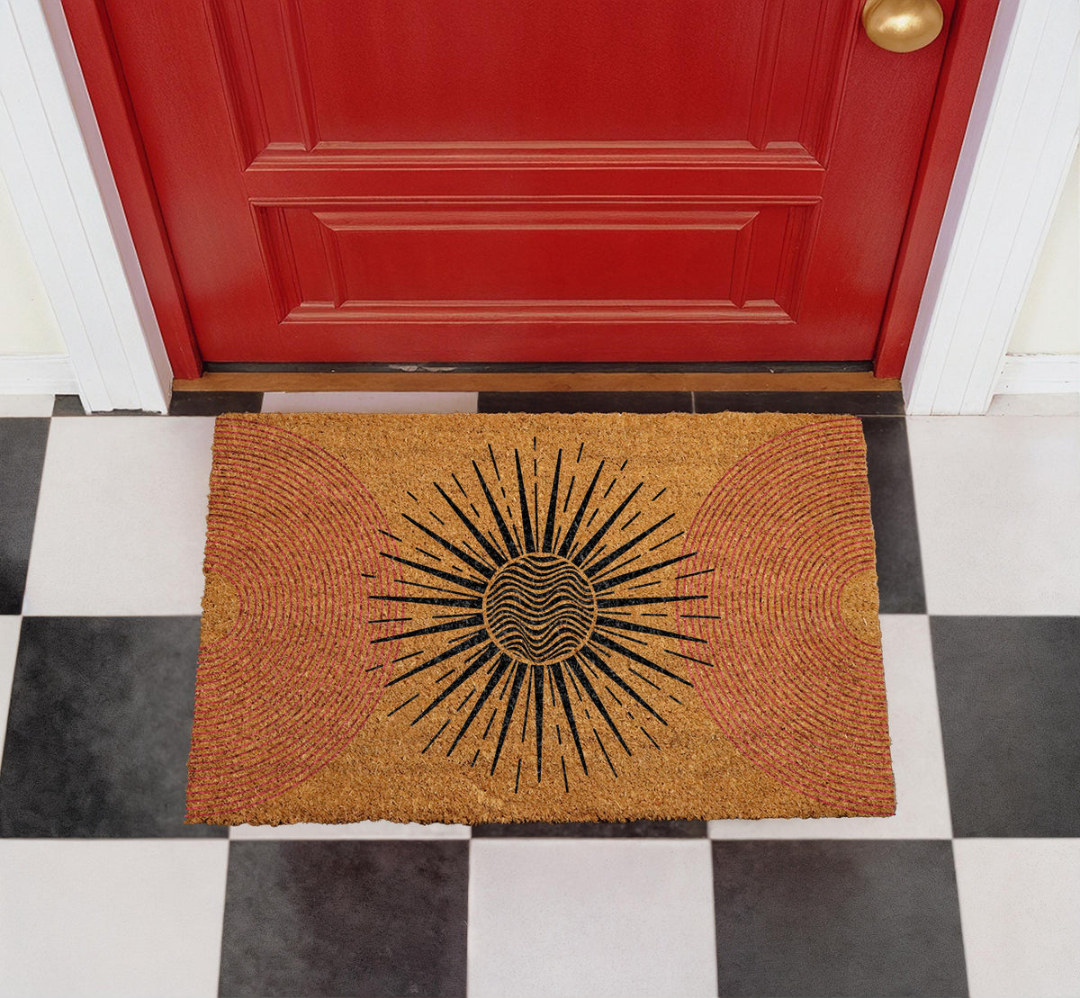 Custom Boho Sunburst Doormat, Celestial Welcome Mat, Mid-Century Modern Rug