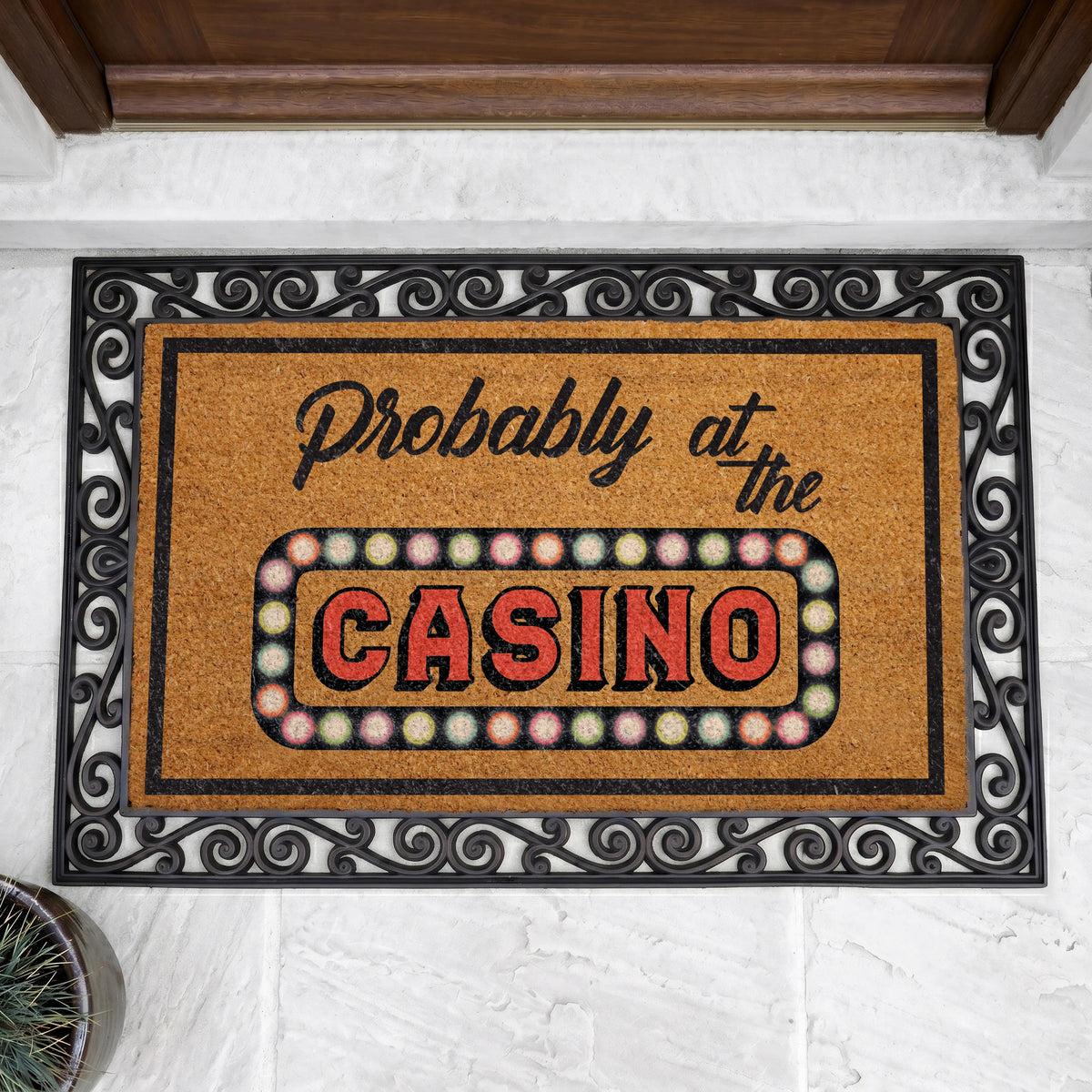 Probably At The Casino Doormat, Personalized Coir Welcome Mat, Gambling Themed Entryway Rug