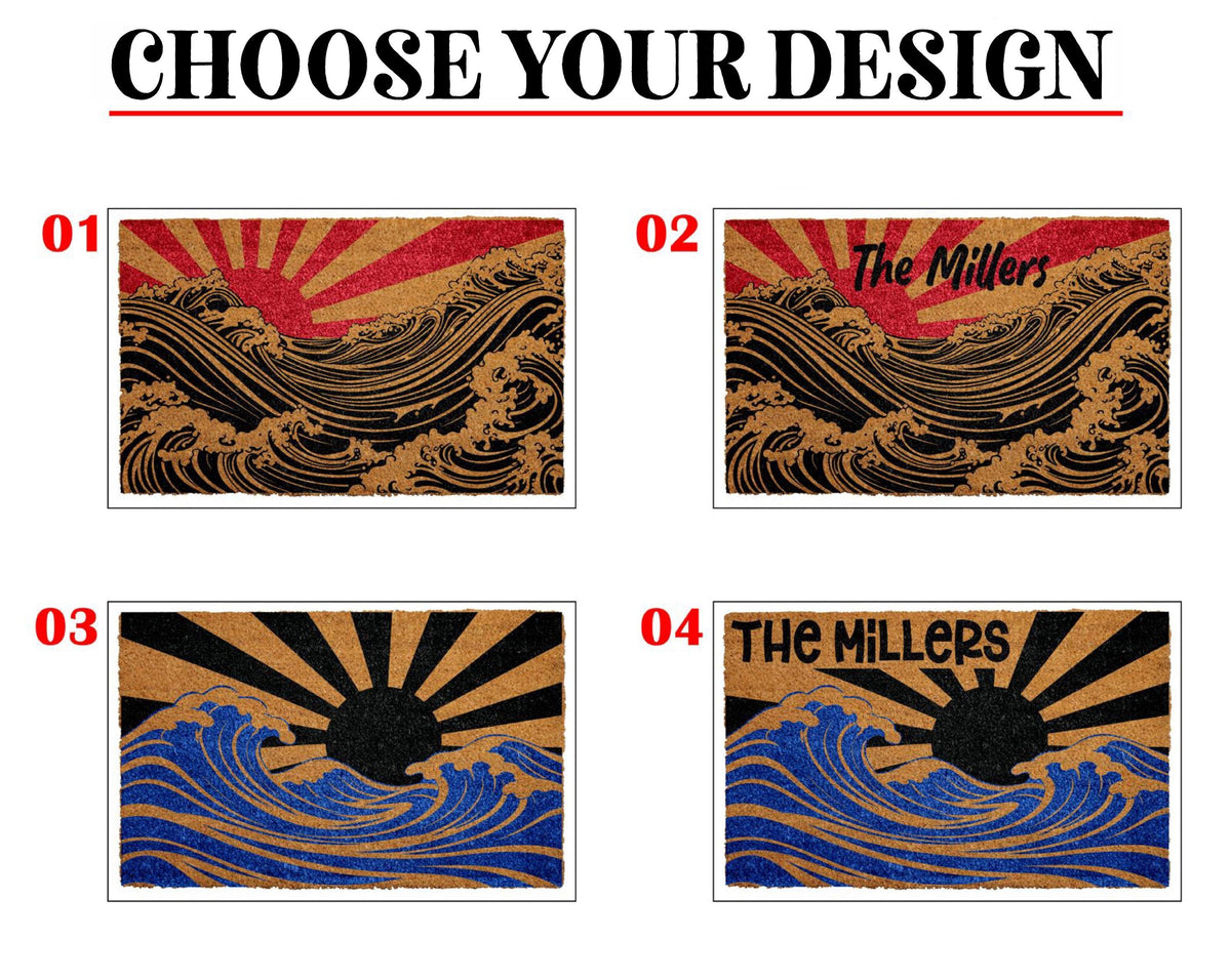 Custom Japanese Art Inspired Doormat, Rising Sun and Ocean Wave Welcome Mat, Modern Artistic Porch Decor, Housewarming Gift