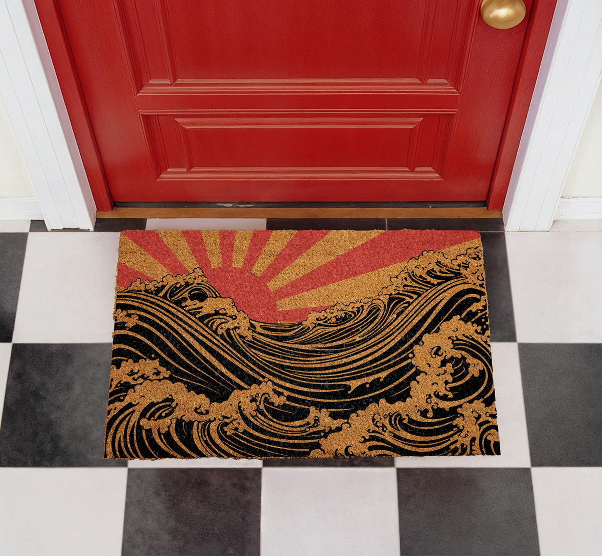 Custom Japanese Art Inspired Doormat, Rising Sun and Ocean Wave Welcome Mat, Modern Artistic Porch Decor, Housewarming Gift