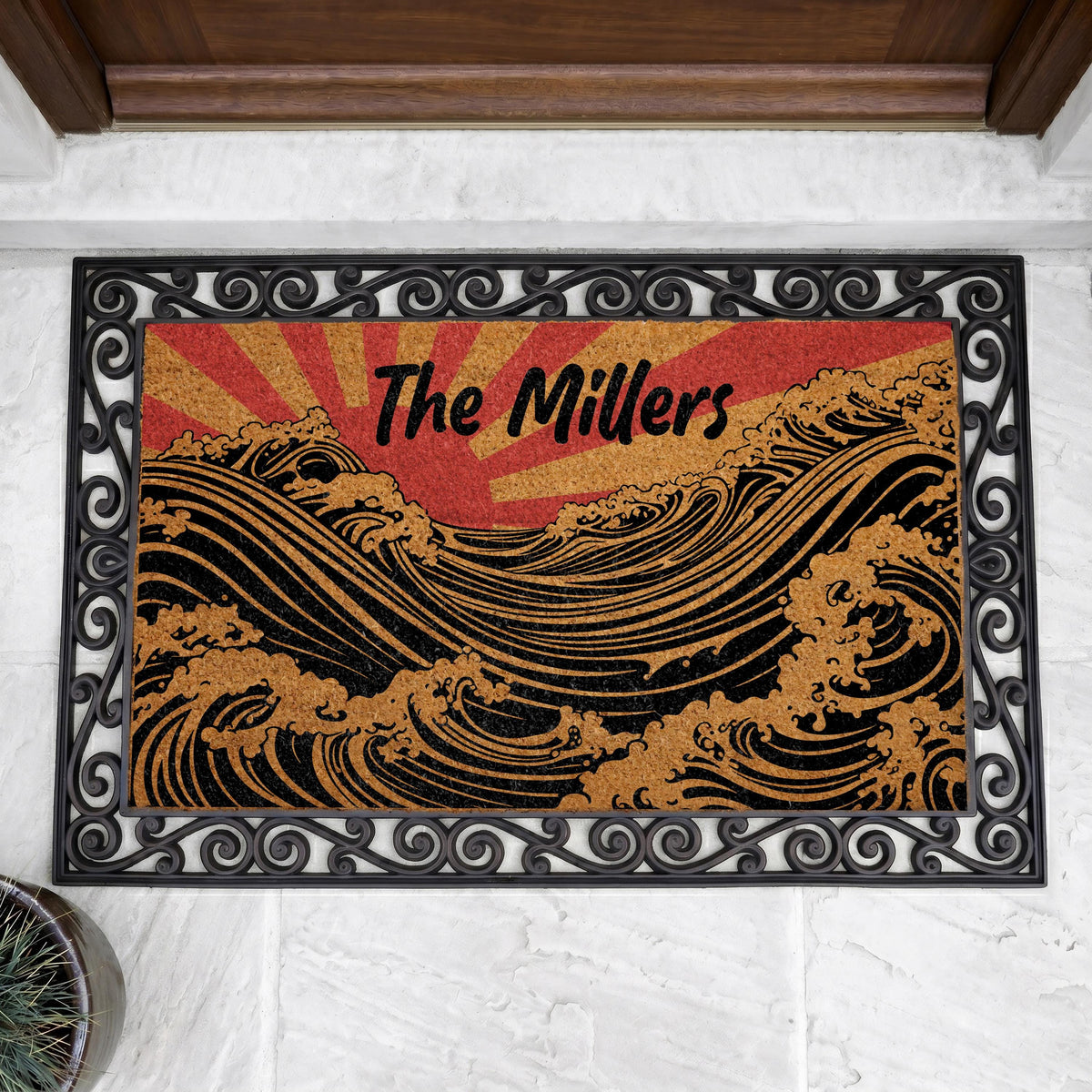 Custom Japanese Art Inspired Doormat, Rising Sun and Ocean Wave Welcome Mat, Modern Artistic Porch Decor, Housewarming Gift