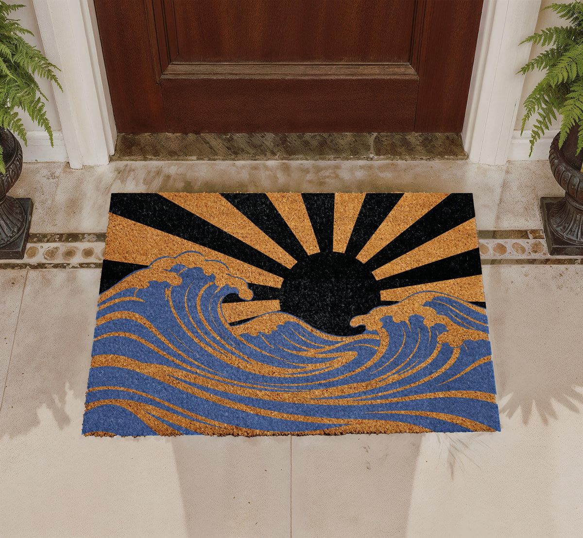 Custom Japanese Art Inspired Doormat, Rising Sun and Ocean Wave Welcome Mat, Modern Artistic Porch Decor, Housewarming Gift