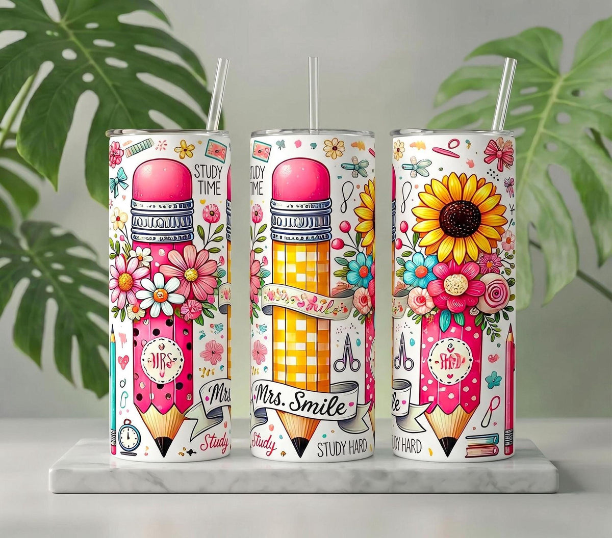 Personalized Teacher Tumbler, Pencil Floral Design, Back To School Travel Mug