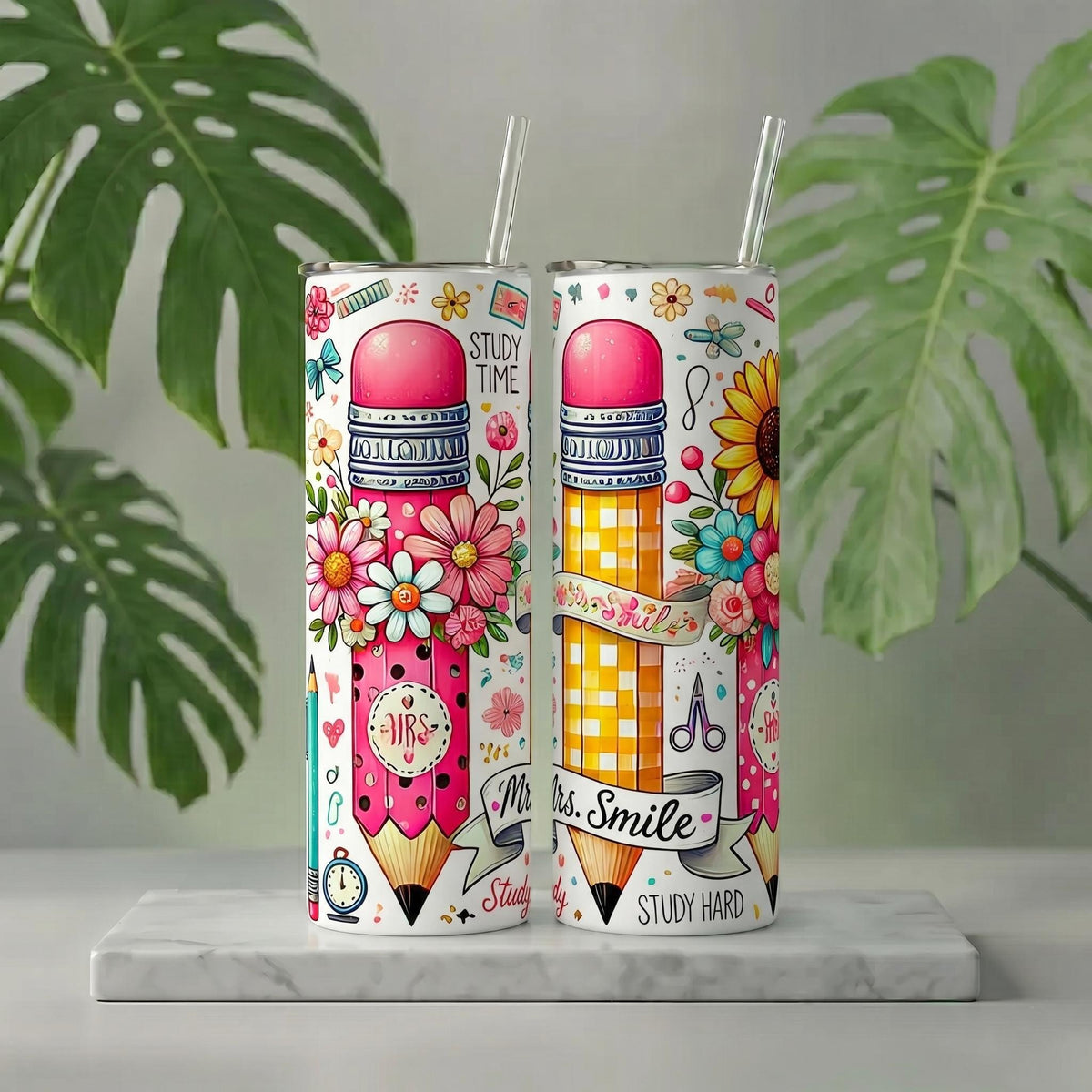 Personalized Teacher Tumbler, Pencil Floral Design, Back To School Travel Mug