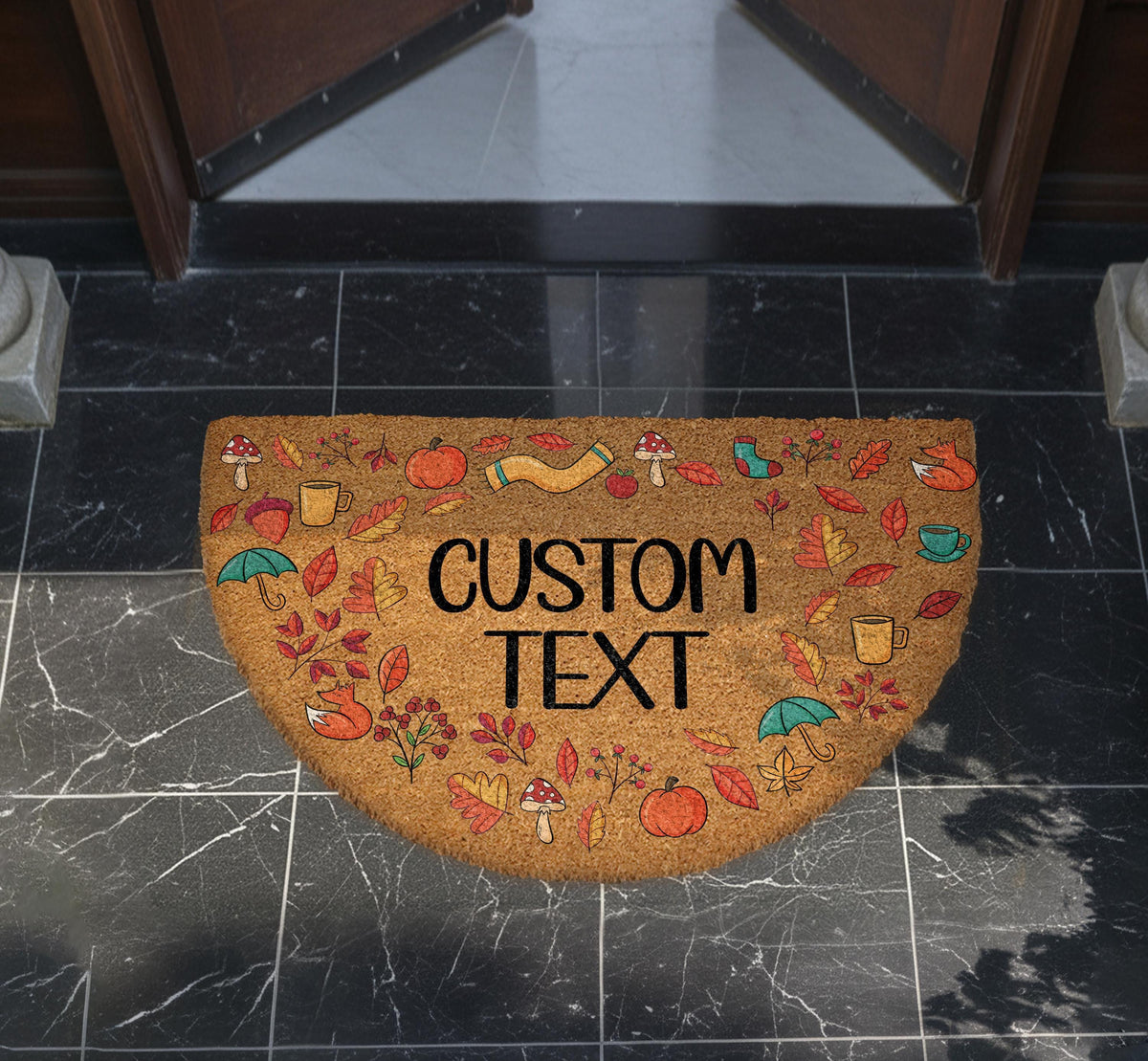 Custom Text Half Round Fall Welcome Mat, Cozy Autumn Icons Coir Doormat