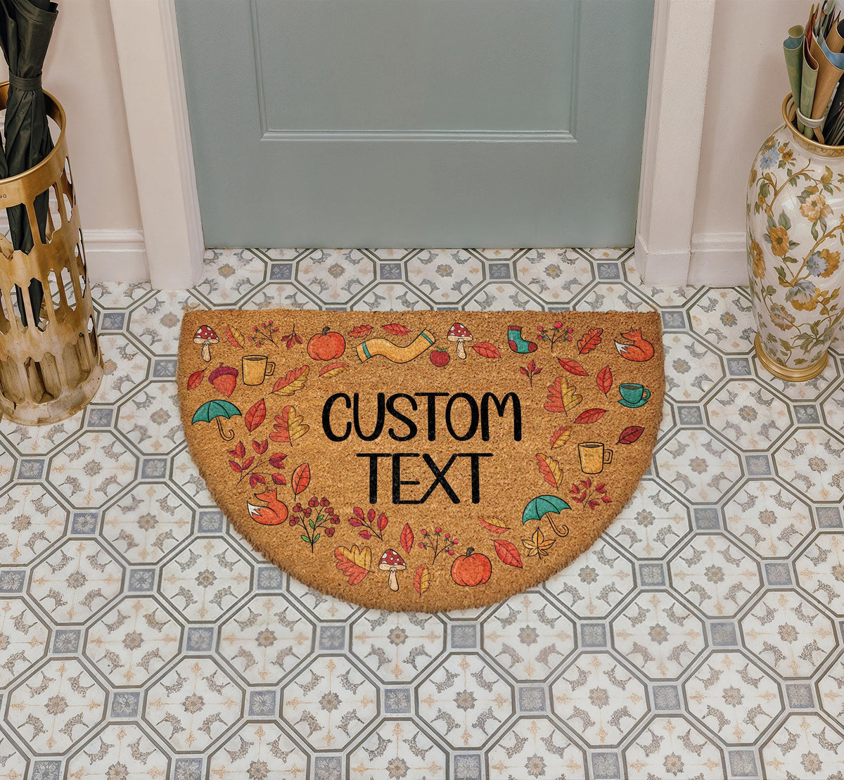 Custom Text Half Round Fall Welcome Mat, Cozy Autumn Icons Coir Doormat