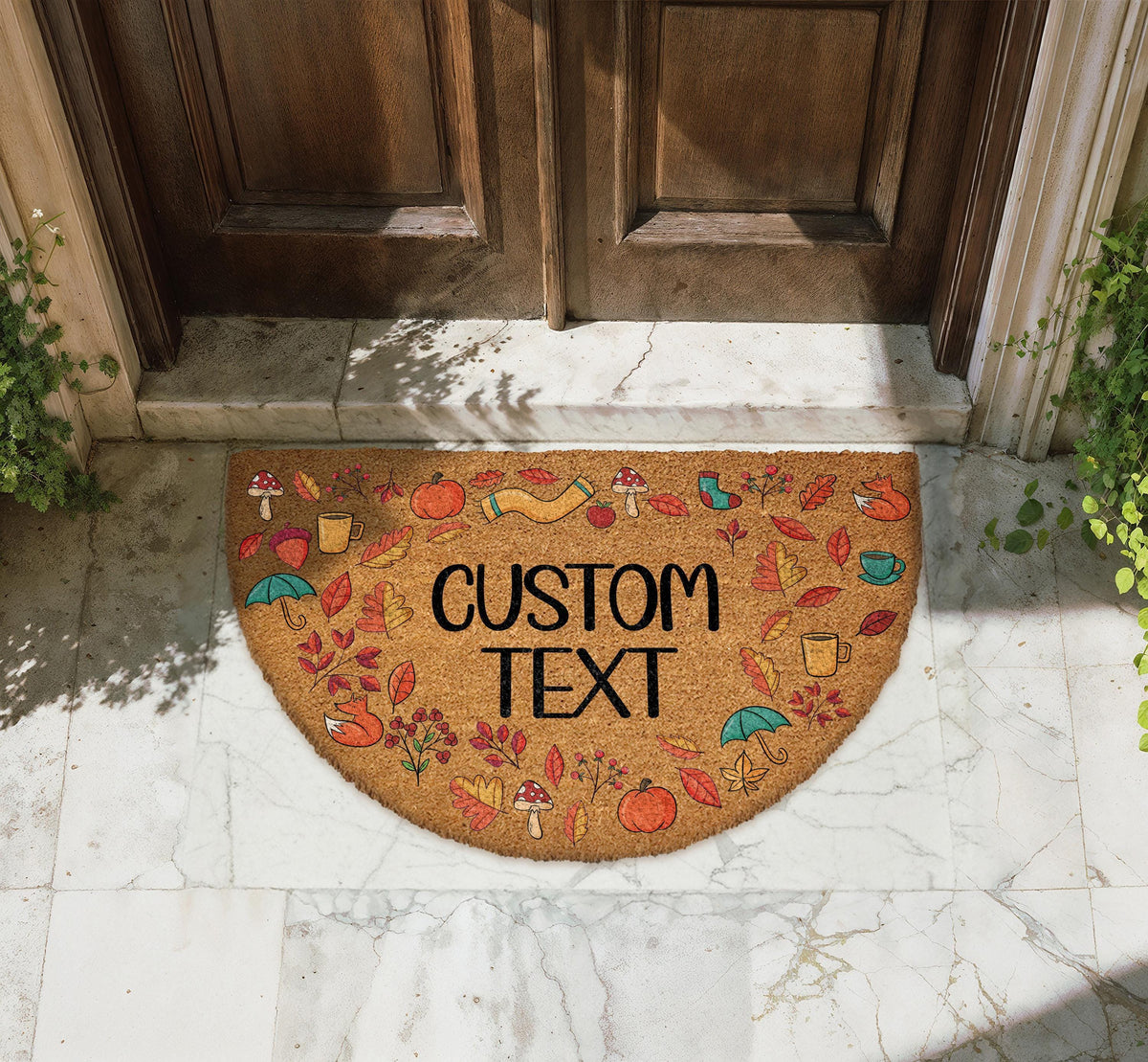 Custom Text Half Round Fall Welcome Mat, Cozy Autumn Icons Coir Doormat