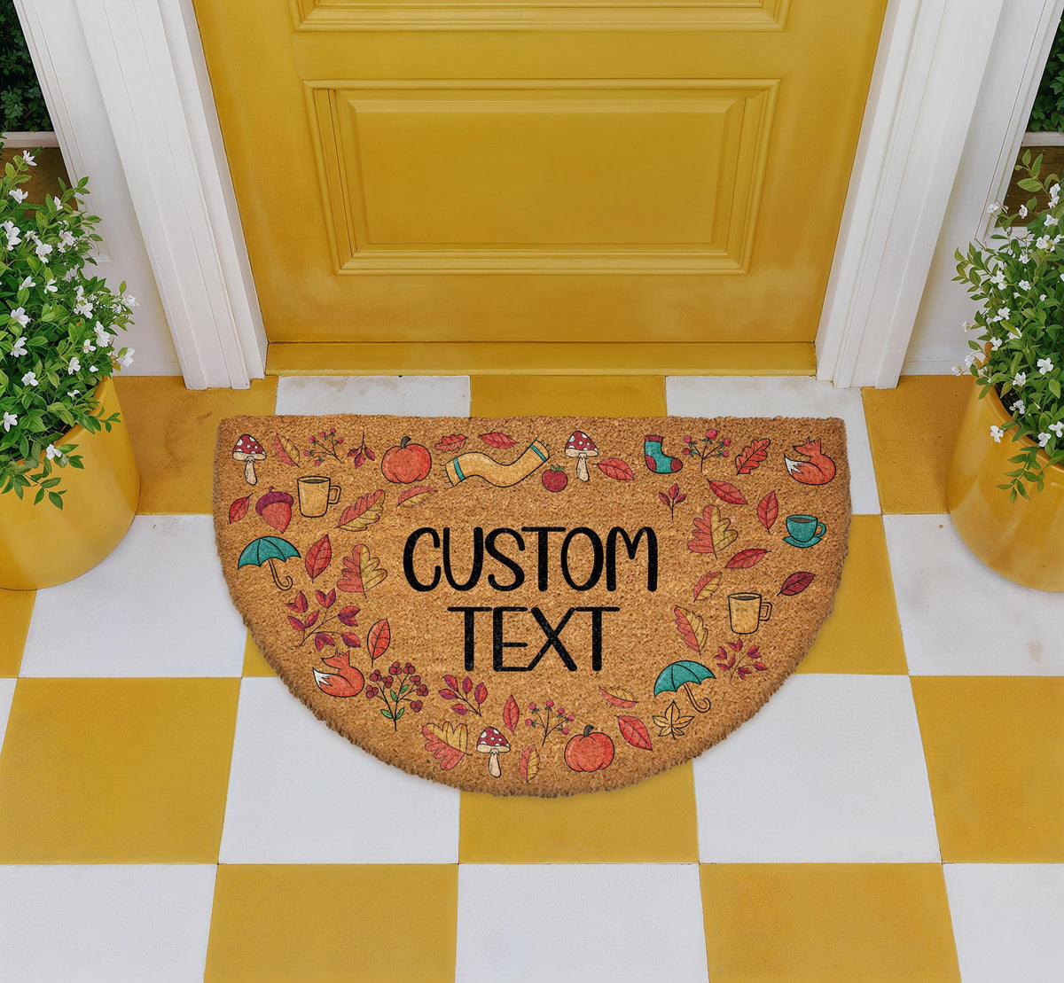 Custom Text Half Round Fall Welcome Mat, Cozy Autumn Icons Coir Doormat