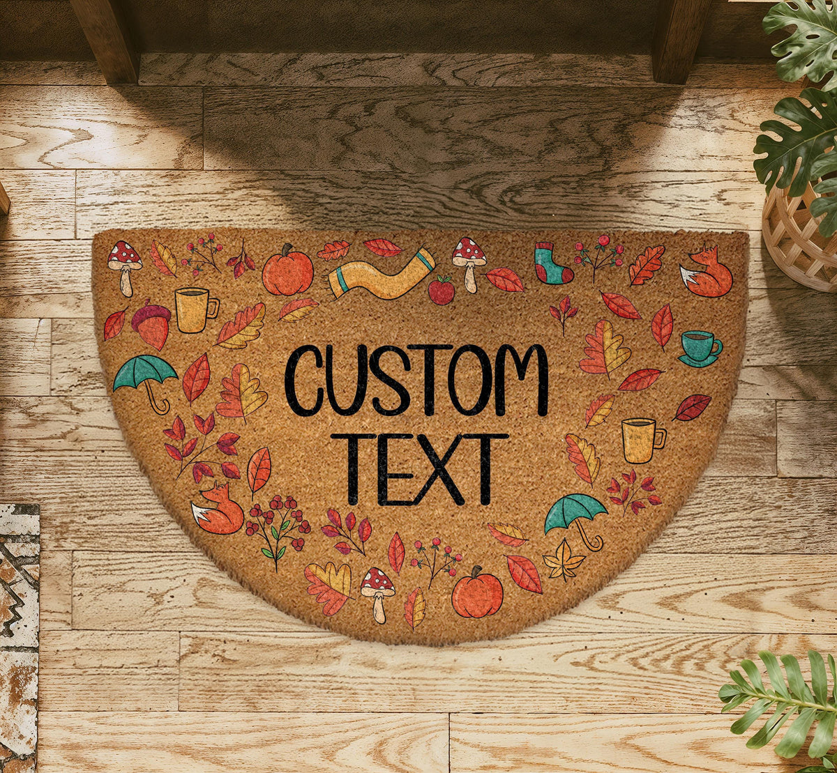 Custom Text Half Round Fall Welcome Mat, Cozy Autumn Icons Coir Doormat