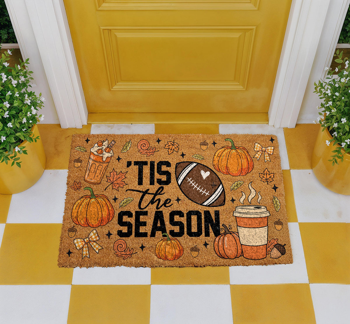 Tis the Season Fall Coir Doormat, Football and Pumpkin Season Welcome Mat