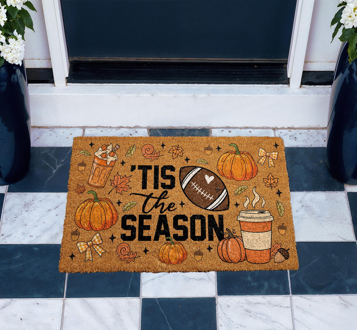 Tis the Season Fall Coir Doormat, Football and Pumpkin Season Welcome Mat