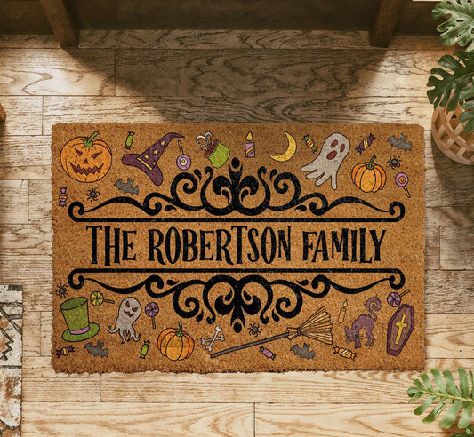 Personalized Family Name Halloween Doormat, Custom Cute Spooky Icons Coir Welcome Mat