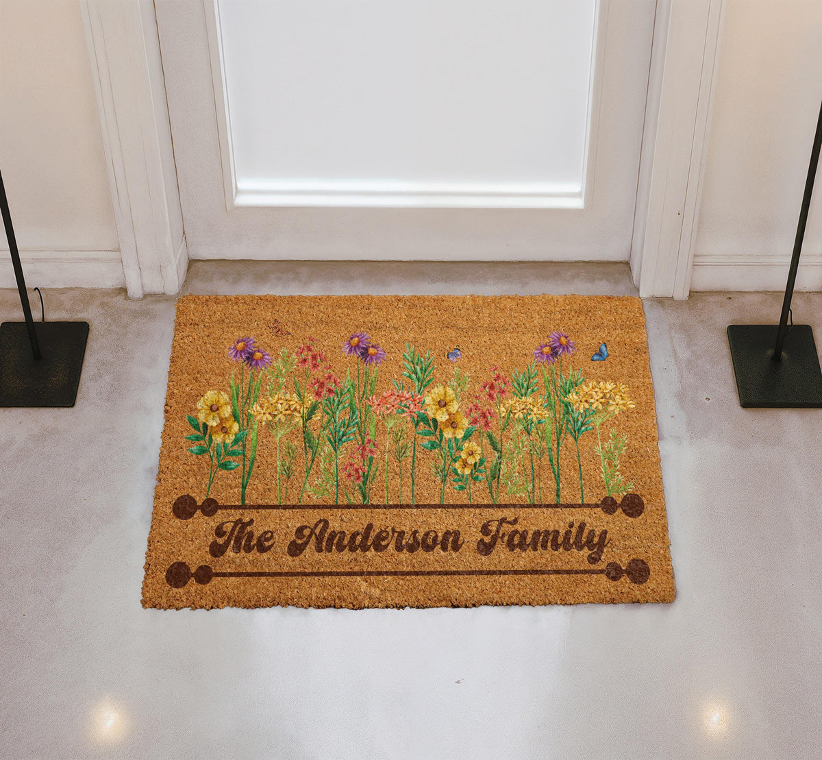 Custom Family Name Wildflower Meadow Doormat, Boho Spring Welcome Mat