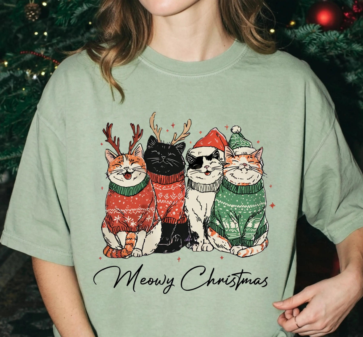 Meowy Christmas Comfort Colors® T-Shirt, Cat Mom Xmas Tee, Cat Lover Holiday Gift