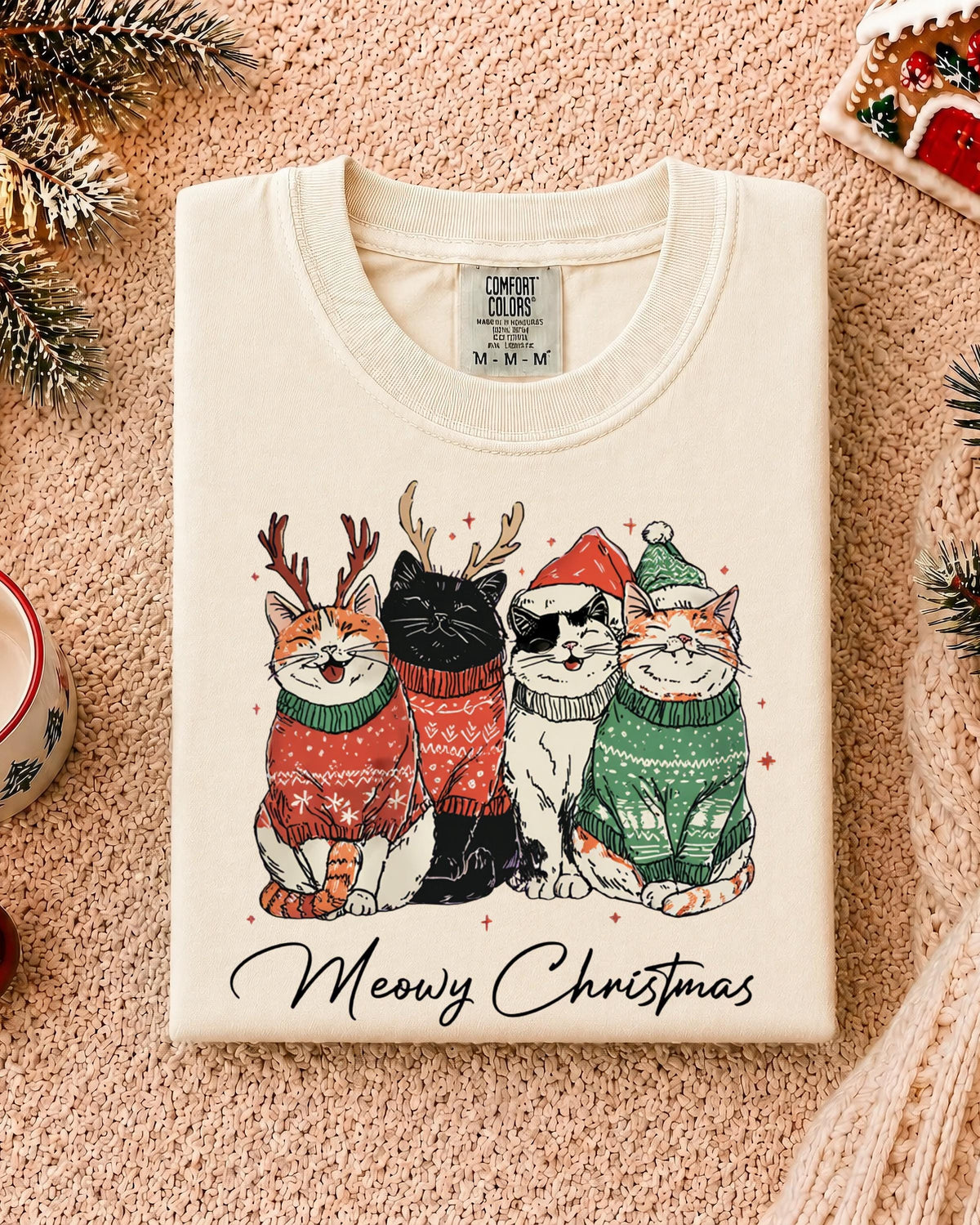 Meowy Christmas Comfort Colors® T-Shirt, Cat Mom Xmas Tee, Cat Lover Holiday Gift