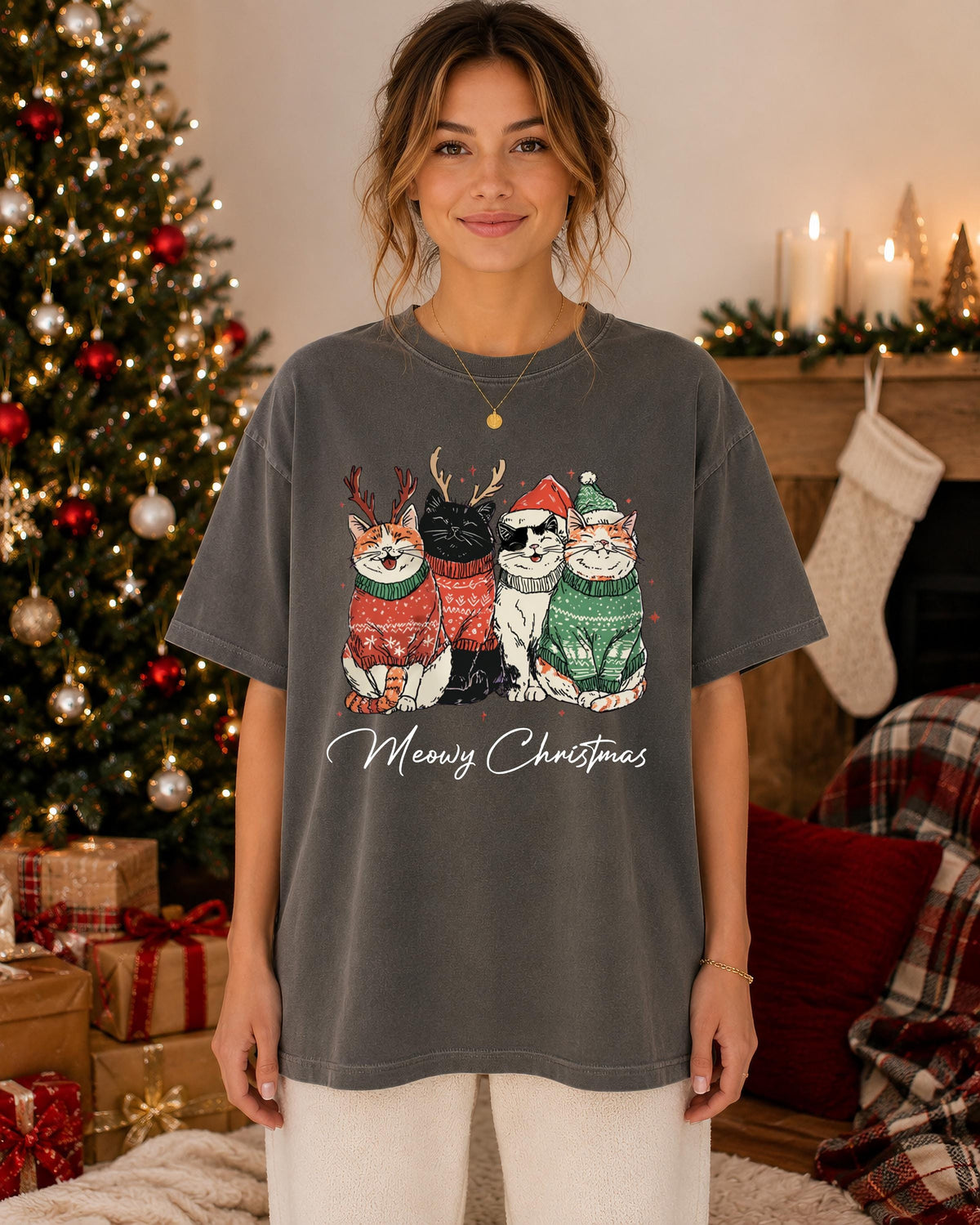 Meowy Christmas Comfort Colors® T-Shirt, Cat Mom Xmas Tee, Cat Lover Holiday Gift