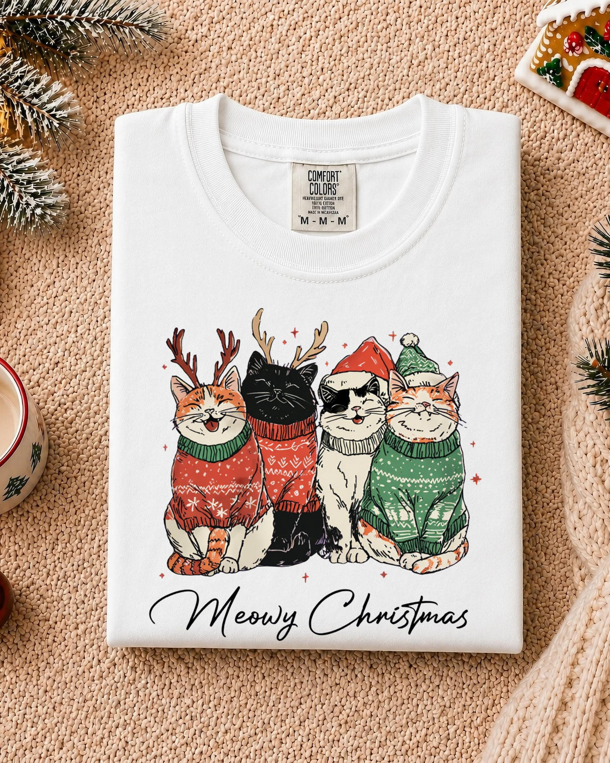 Meowy Christmas Comfort Colors® T-Shirt, Cat Mom Xmas Tee, Cat Lover Holiday Gift