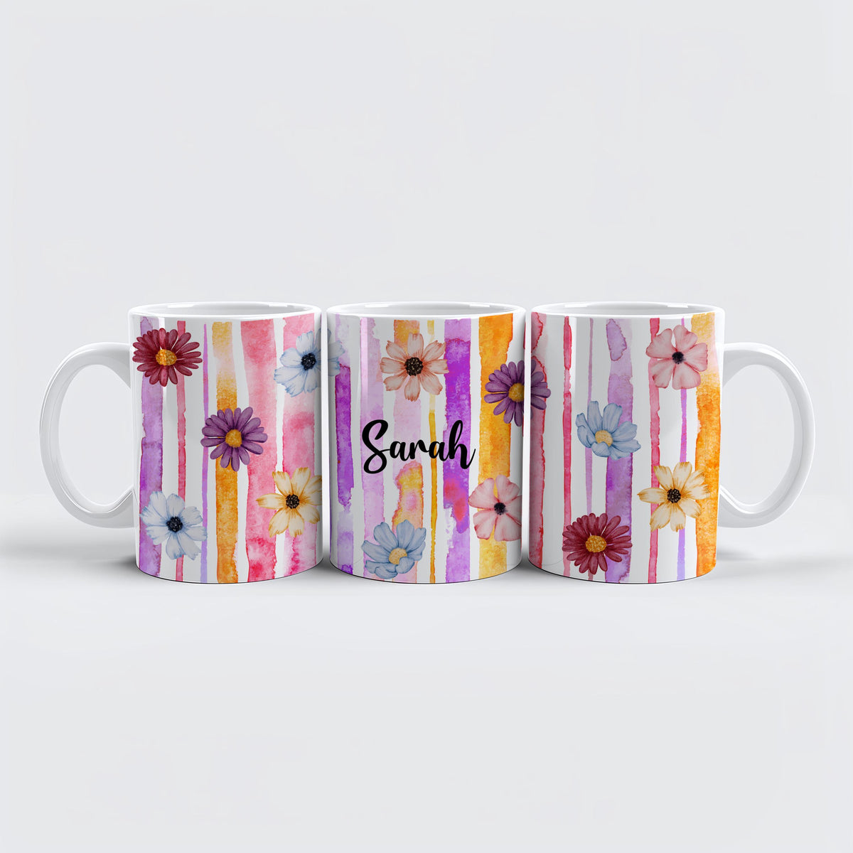 Custom Name Colorful Daisy Flower Coffee Mug, Floral Watercolor Striped Ceramic Cup