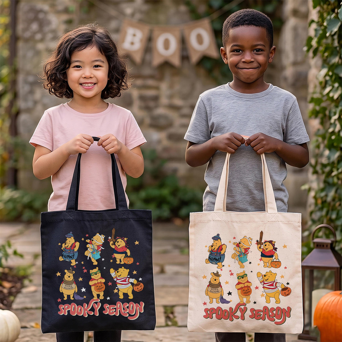 Cute Honey Bear Cartoon Spooky Season Canvas Bag, Kids Trick Or Treat Trip Tote Bag