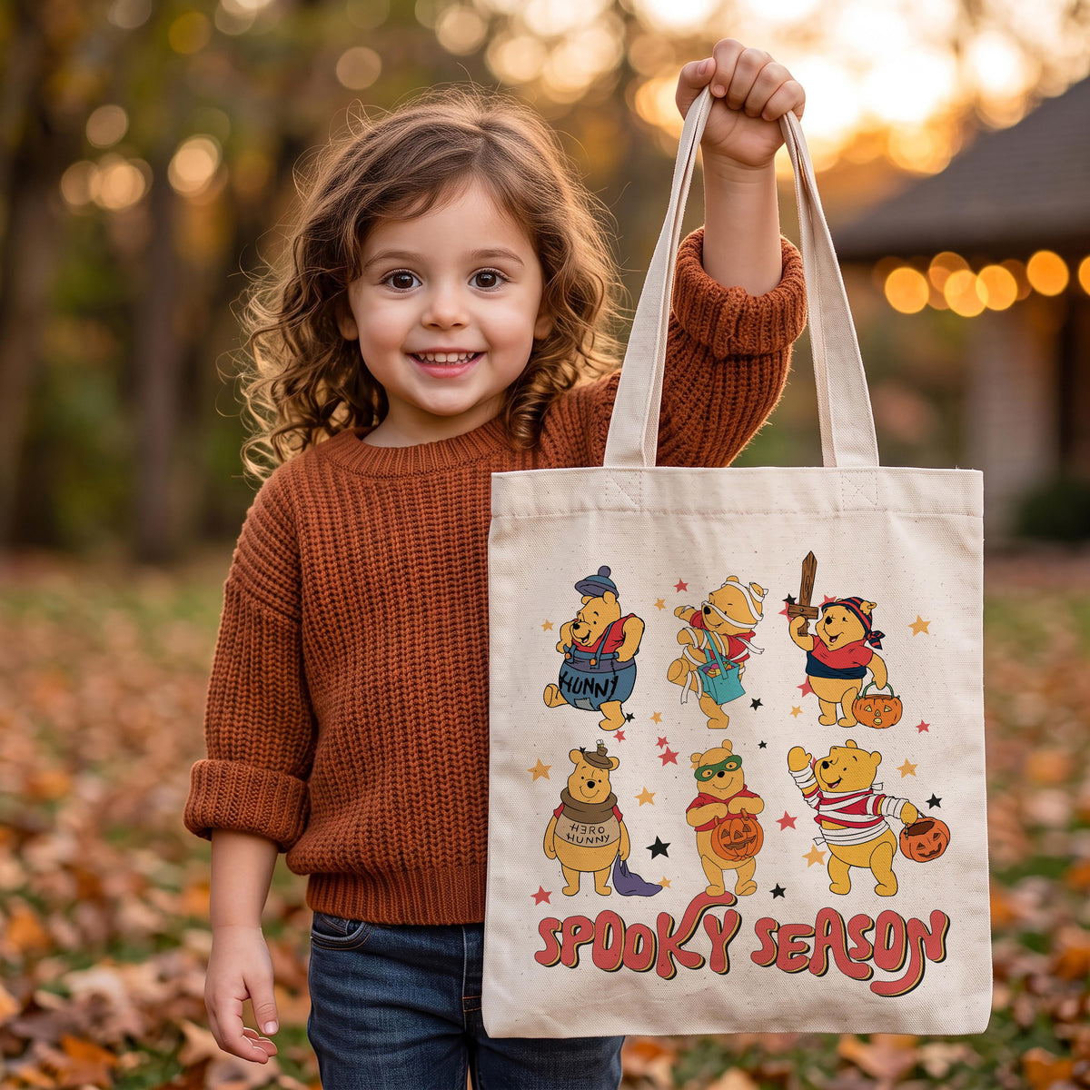 Cute Honey Bear Cartoon Spooky Season Canvas Bag, Kids Trick Or Treat Trip Tote Bag