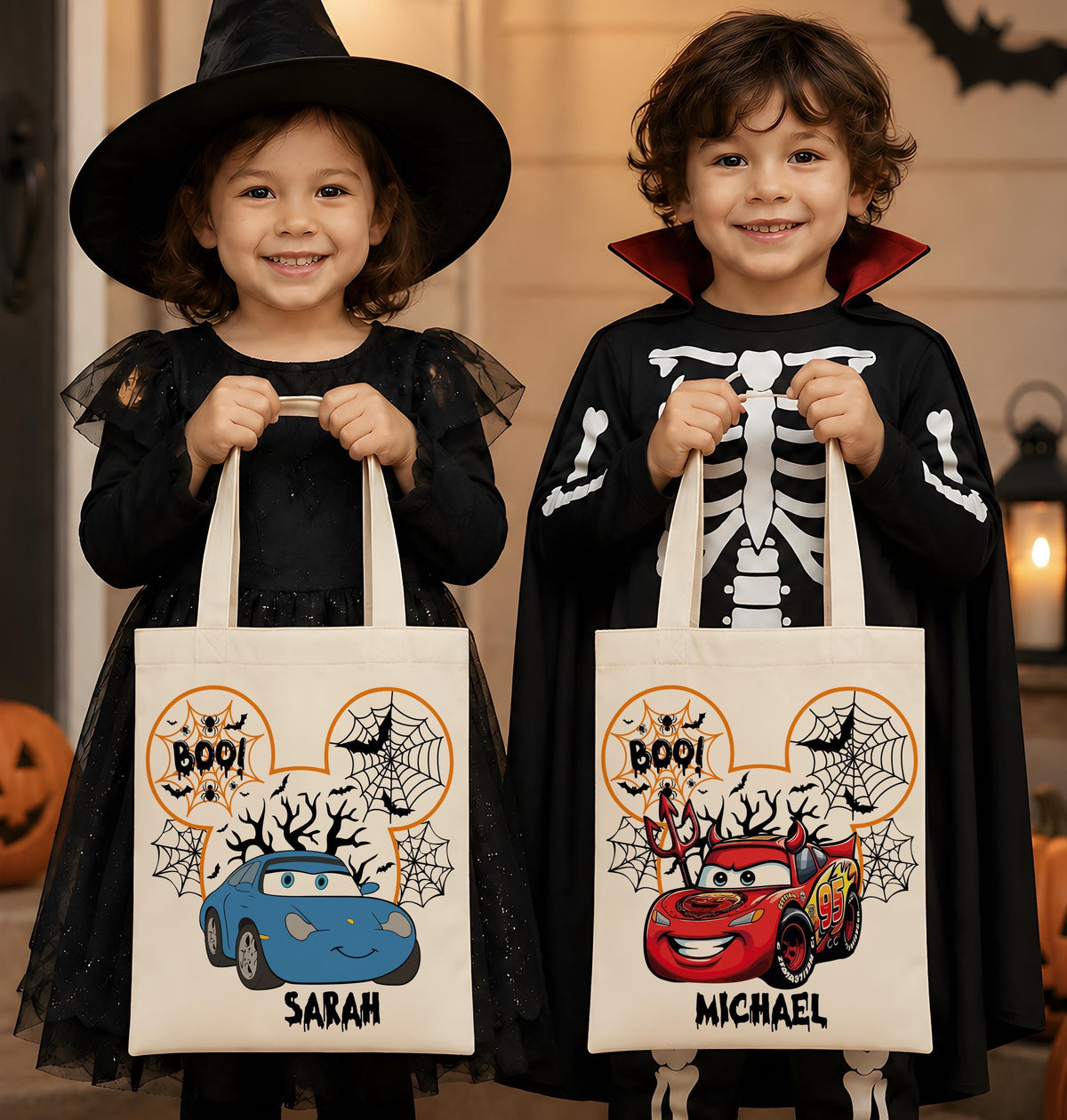 Custom Name Spooky Car Cartoon Design Candy Bag, Personalized BOO! Race Car Theme Halloween Bag