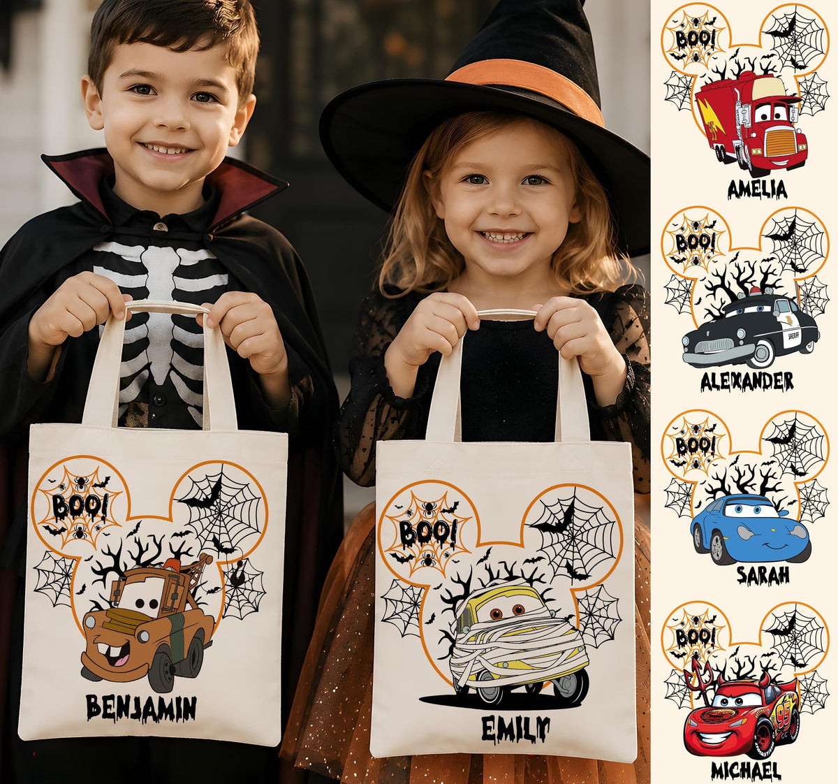 Custom Name Spooky Car Cartoon Design Candy Bag, Personalized BOO! Race Car Theme Halloween Bag