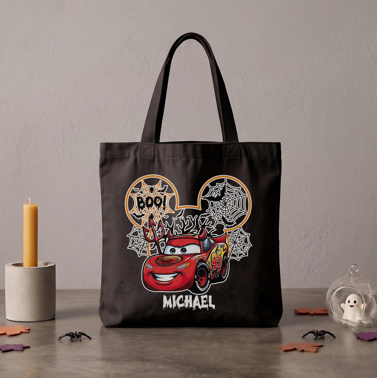 Custom Name Spooky Car Cartoon Design Candy Bag, Personalized BOO! Race Car Theme Halloween Bag