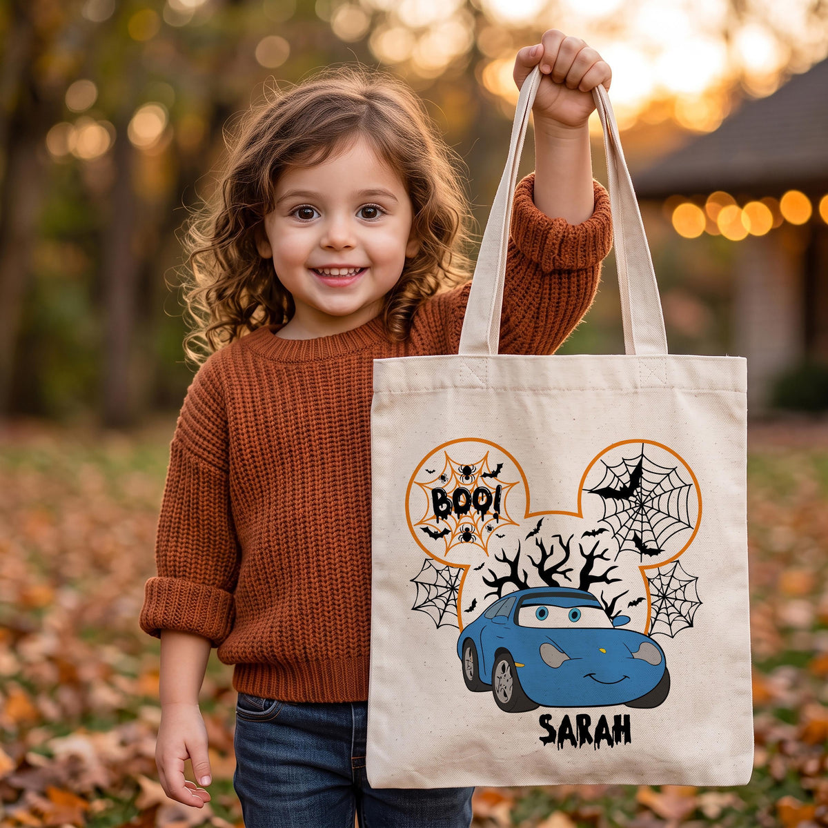 Custom Name Spooky Car Cartoon Design Candy Bag, Personalized BOO! Race Car Theme Halloween Bag