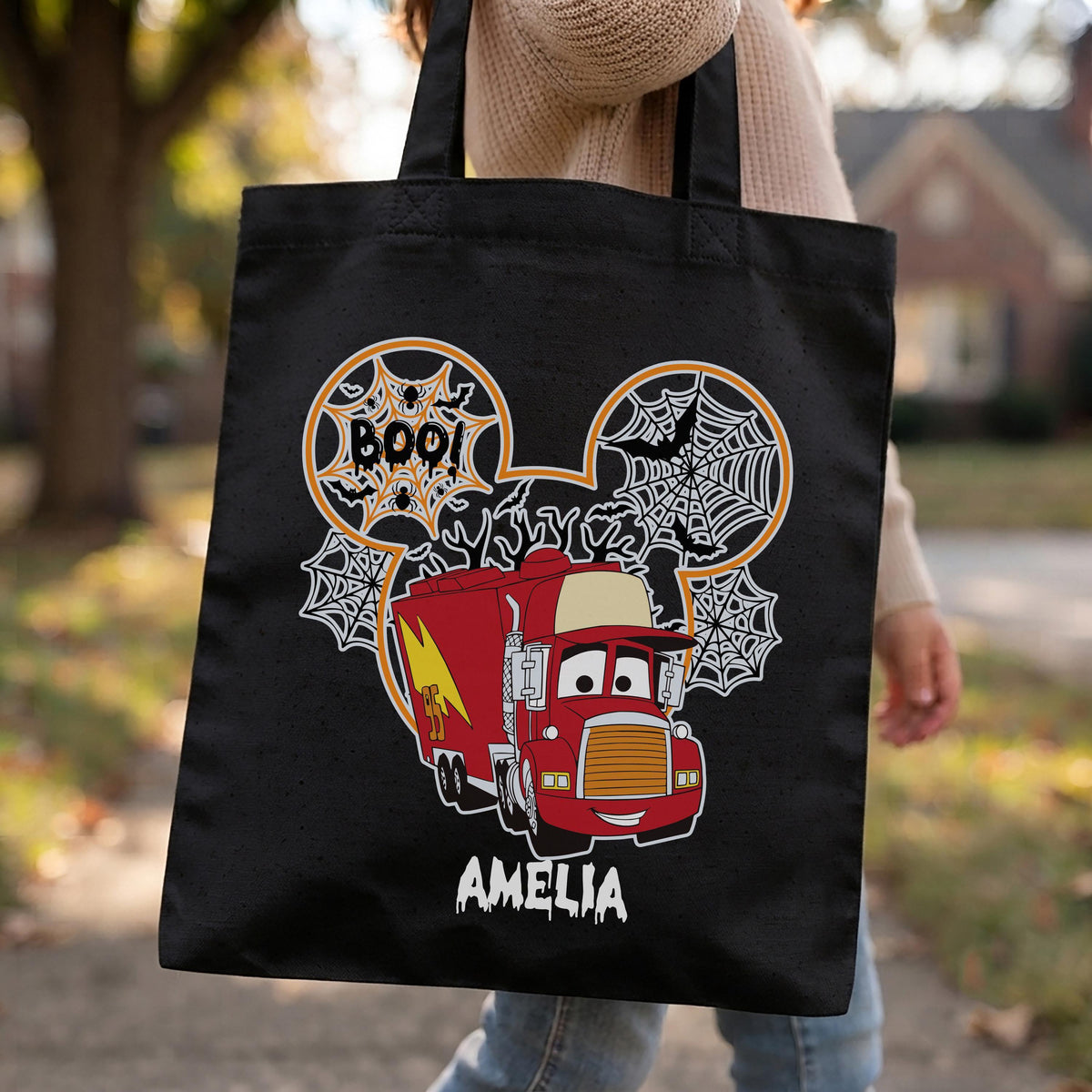 Custom Name Spooky Car Cartoon Design Candy Bag, Personalized BOO! Race Car Theme Halloween Bag
