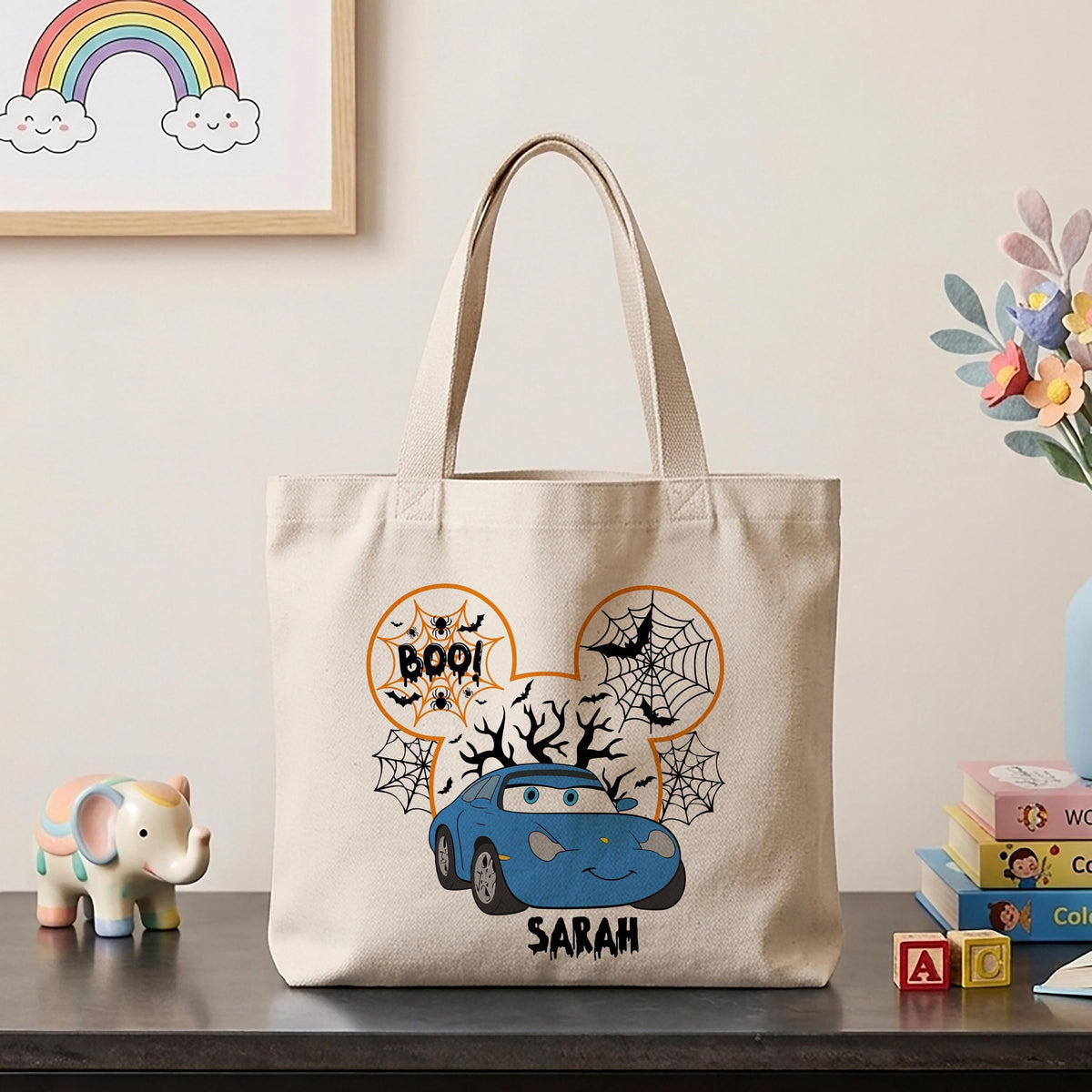 Custom Name Spooky Car Cartoon Design Candy Bag, Personalized BOO! Race Car Theme Halloween Bag