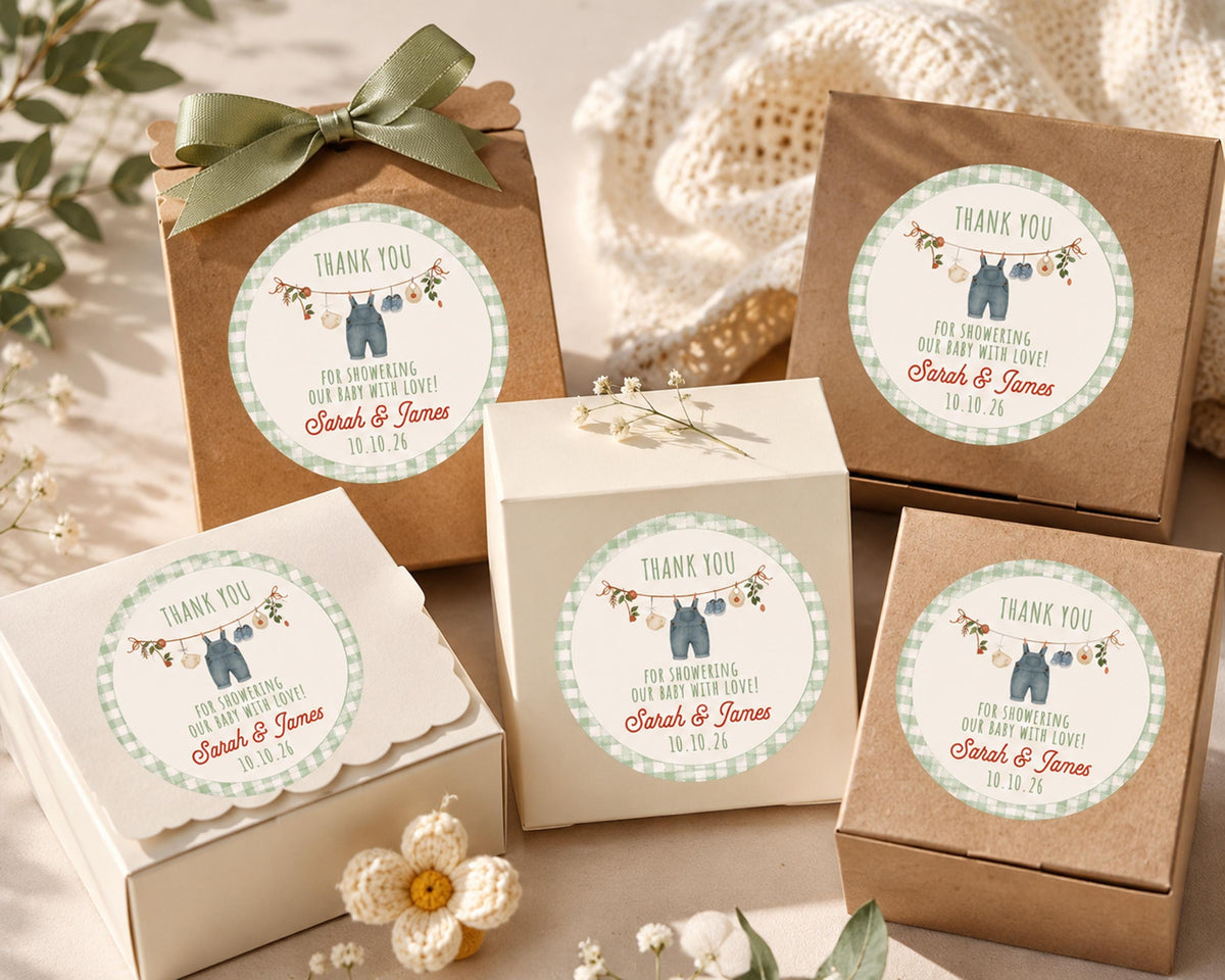Personalized Farmer Baby Shower Stickers, Country Theme Favor Labels
