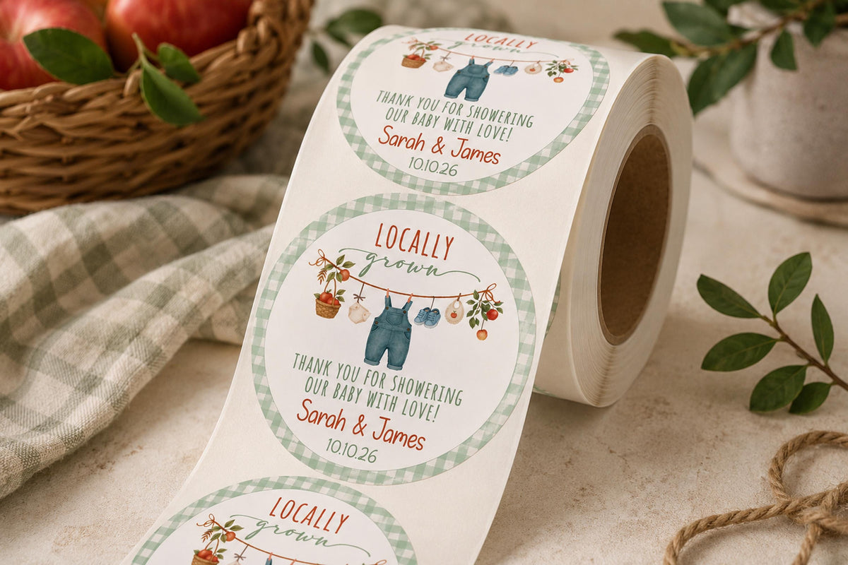 Locally Grown Baby Shower Stickers, Farmer Theme Favor Labels, Personalized Celebration Stickers
