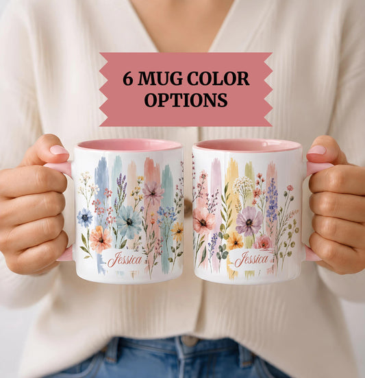 Custom Name Watercolor Floral Coffee Mug, Personalized Wildflower Ceramic Tea Cup