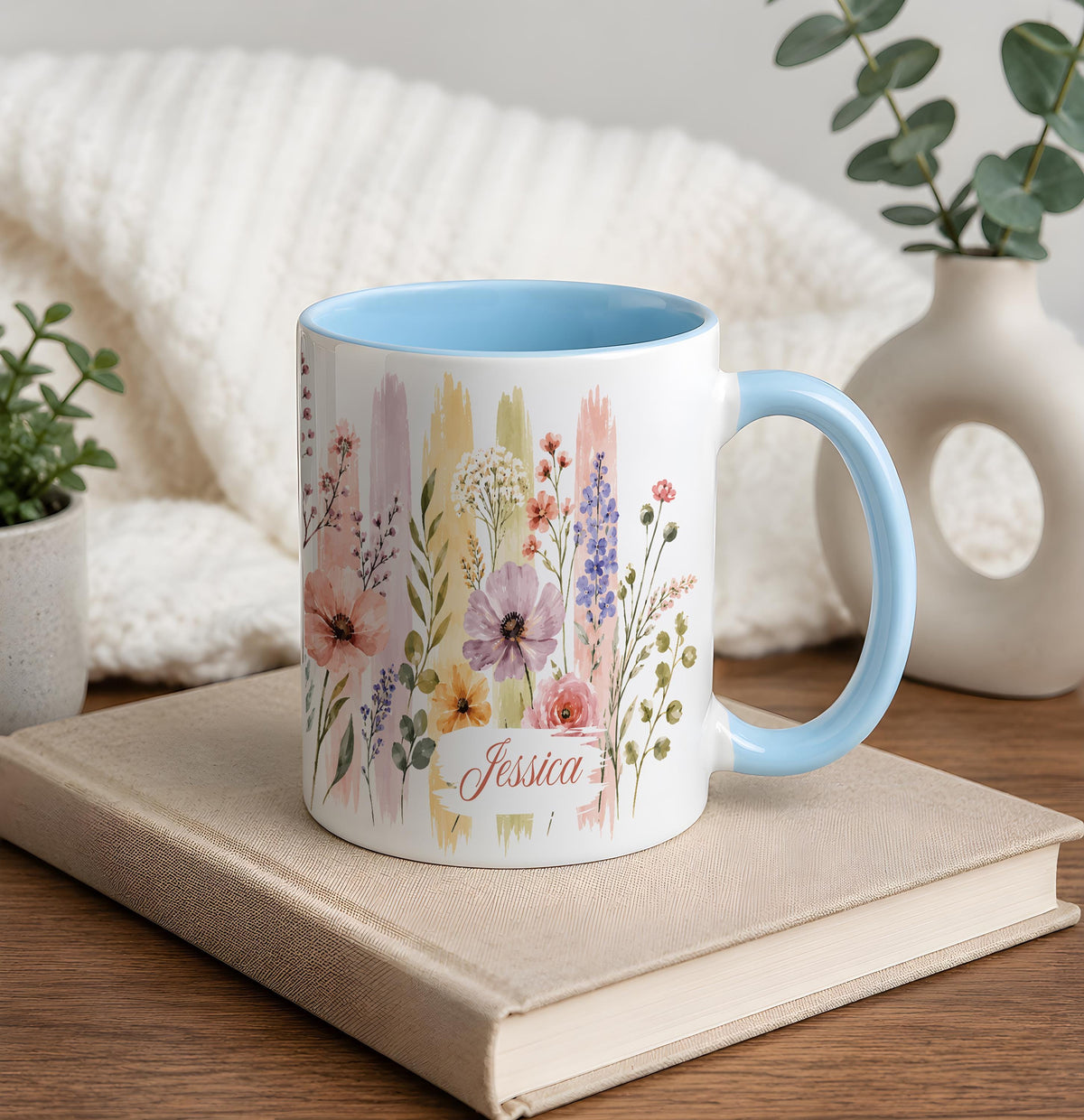 Custom Name Watercolor Floral Coffee Mug, Personalized Wildflower Ceramic Tea Cup