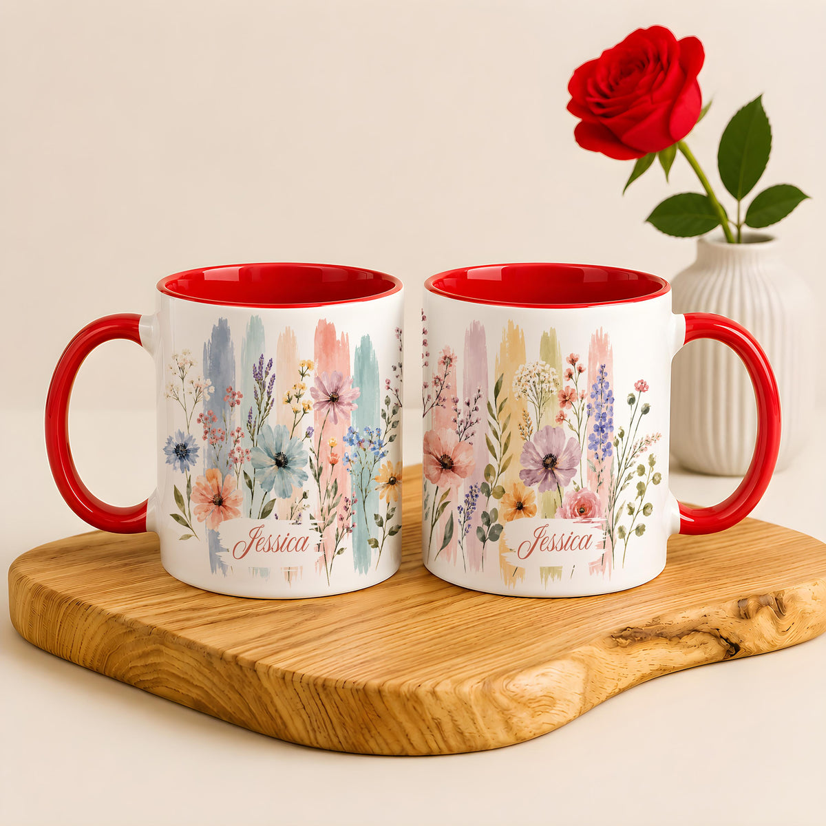 Custom Name Watercolor Floral Coffee Mug, Personalized Wildflower Ceramic Tea Cup
