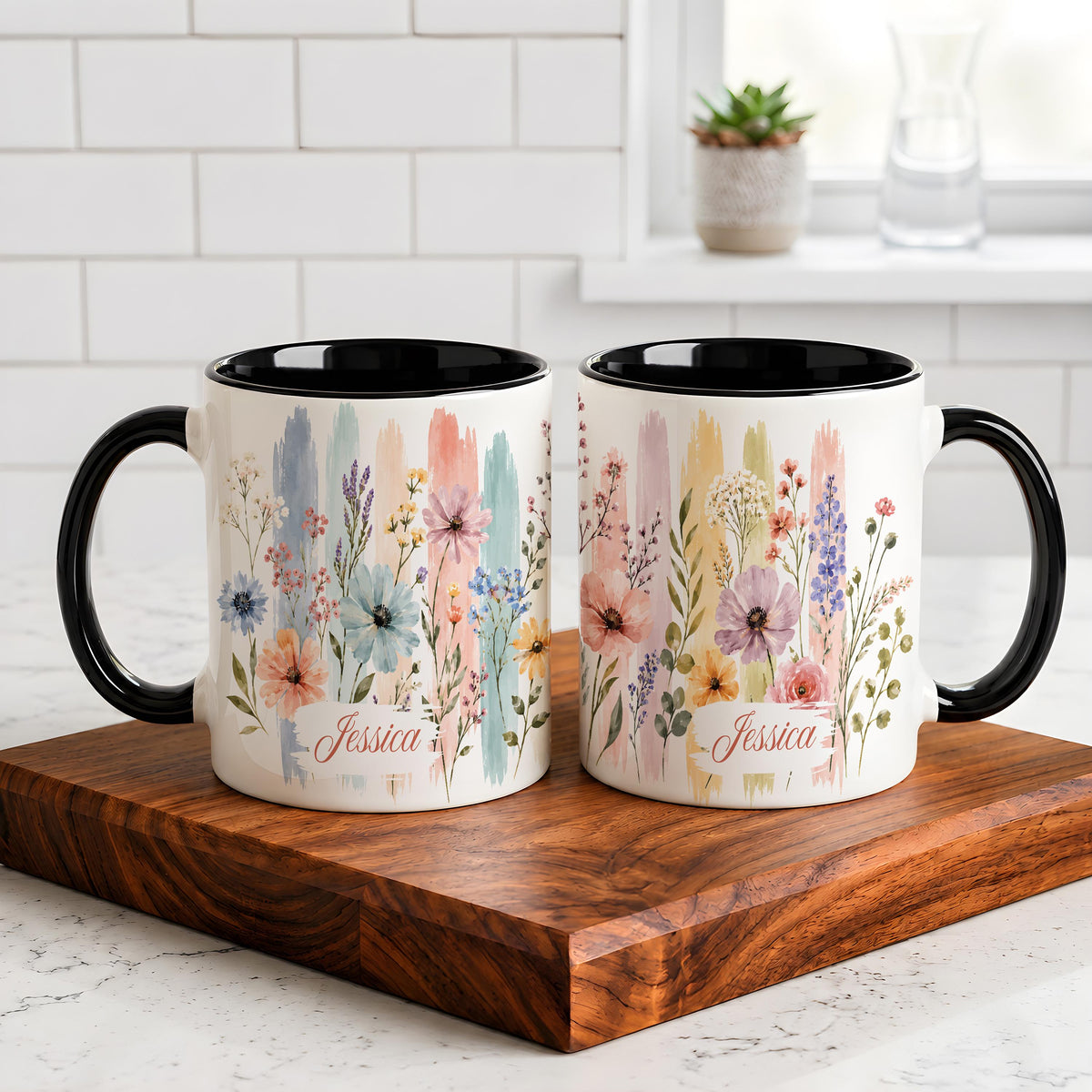 Custom Name Watercolor Floral Coffee Mug, Personalized Wildflower Ceramic Tea Cup