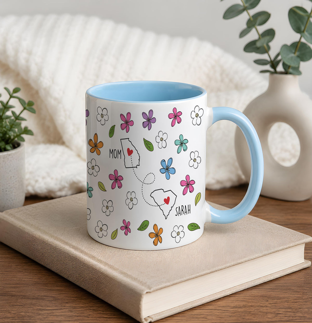 Personalized Miles Apart But Close At Heart Coffee Mug, Custom Floral States Map Ceramic Cup