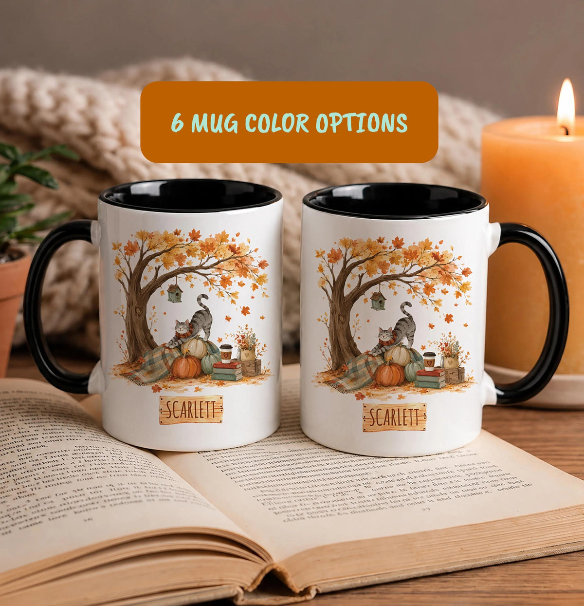 Custom Name Cozy Fall Cat Ceramic Mug, Aesthetic Autumnal Maple Tree Coffee Cup