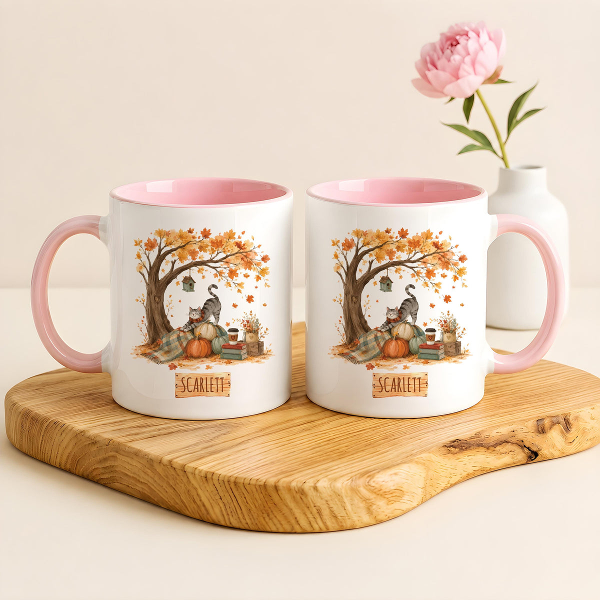 Custom Name Cozy Fall Cat Ceramic Mug, Aesthetic Autumnal Maple Tree Coffee Cup