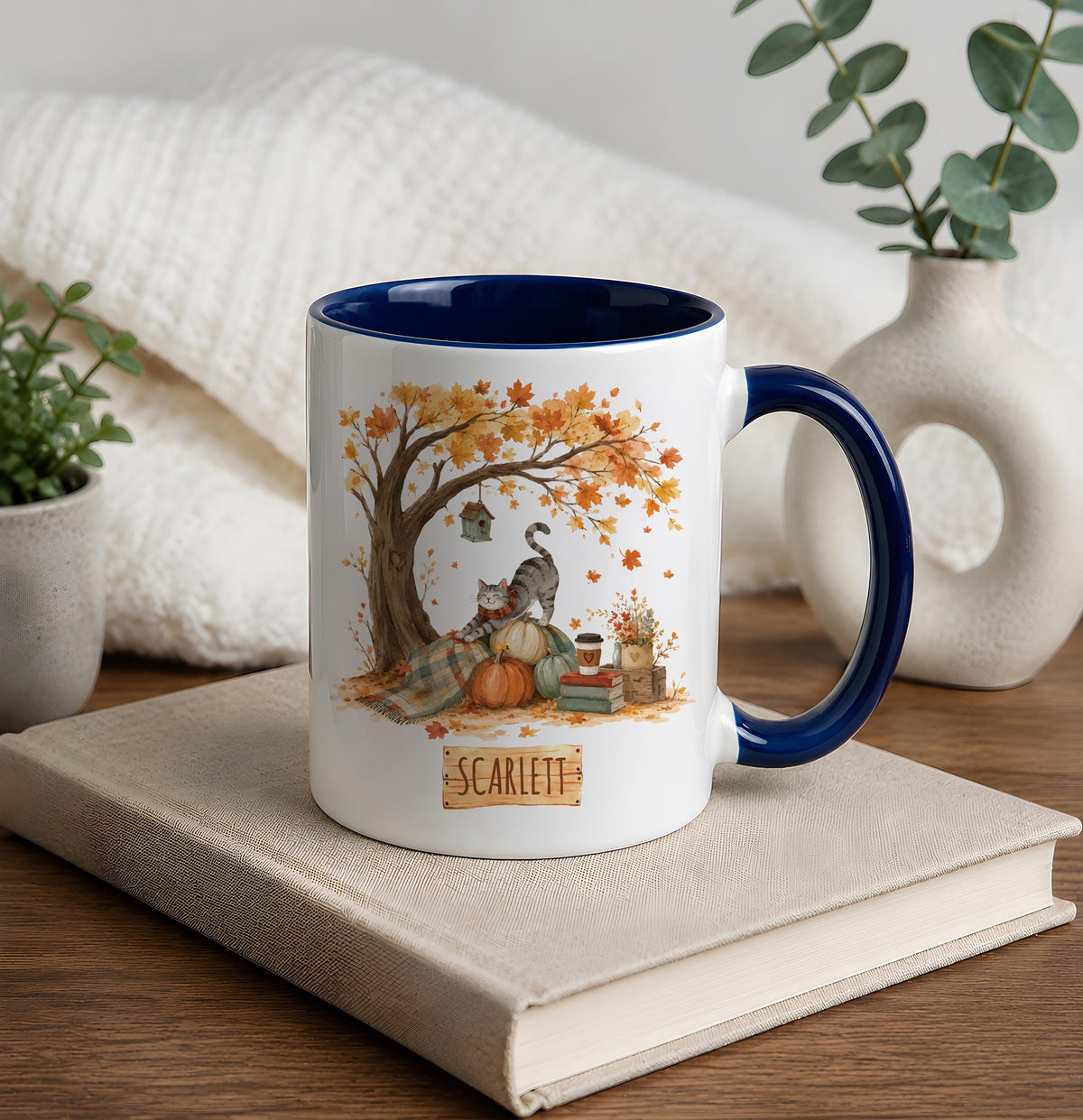 Custom Name Cozy Fall Cat Ceramic Mug, Aesthetic Autumnal Maple Tree Coffee Cup
