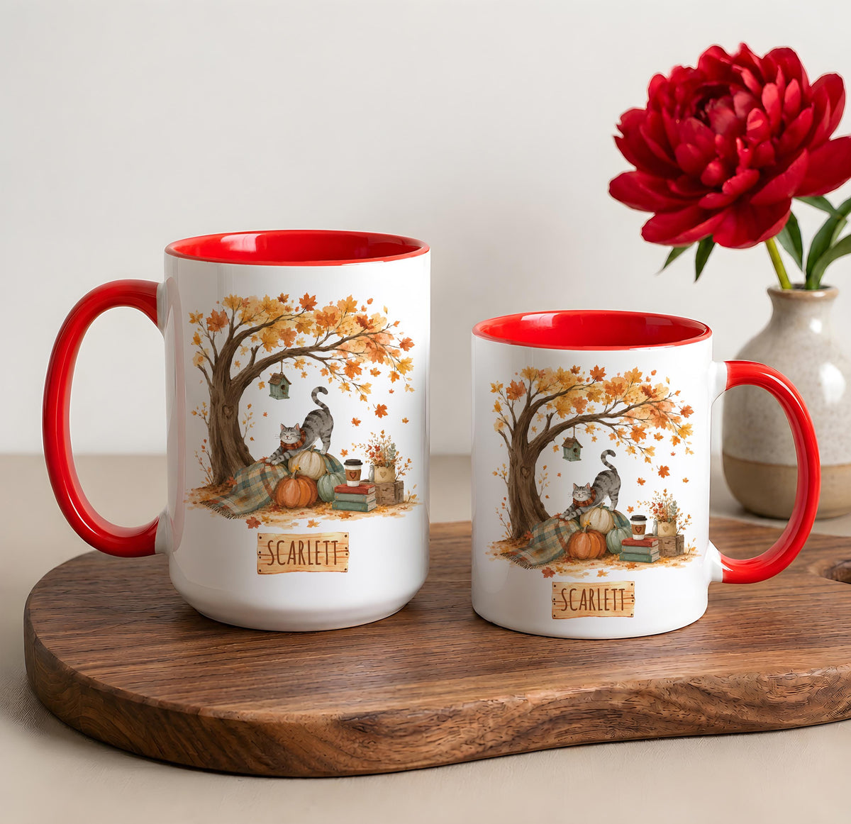 Custom Name Cozy Fall Cat Ceramic Mug, Aesthetic Autumnal Maple Tree Coffee Cup