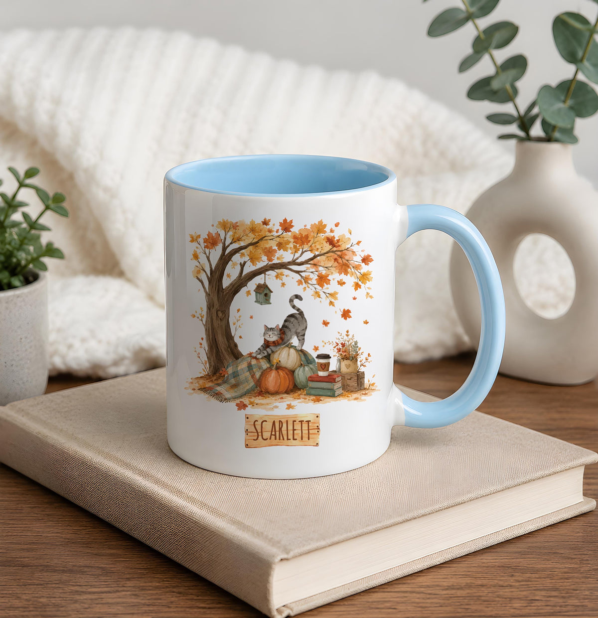 Custom Name Cozy Fall Cat Ceramic Mug, Aesthetic Autumnal Maple Tree Coffee Cup