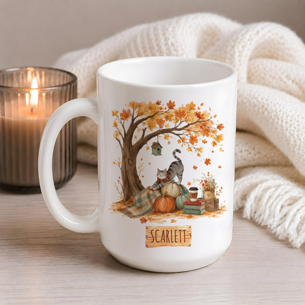 Custom Name Cozy Fall Cat Ceramic Mug, Aesthetic Autumnal Maple Tree Coffee Cup