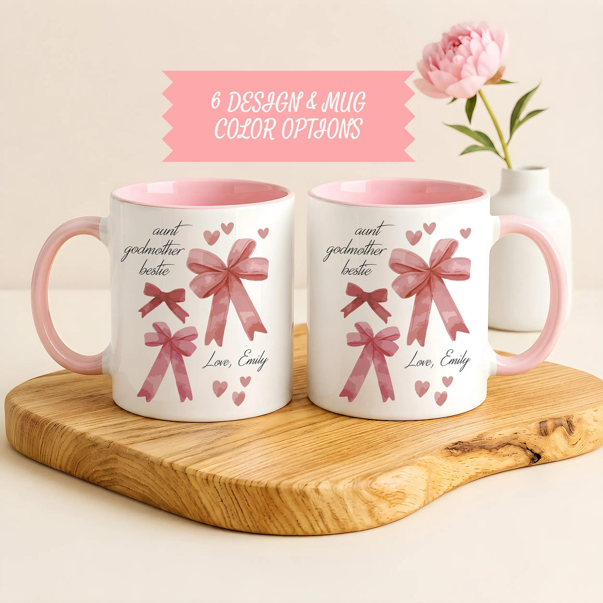 Personalized Aunt Godmother Bestie Ceramic Cup, Colorful Coquette Ribbon Bow Coffee Mug
