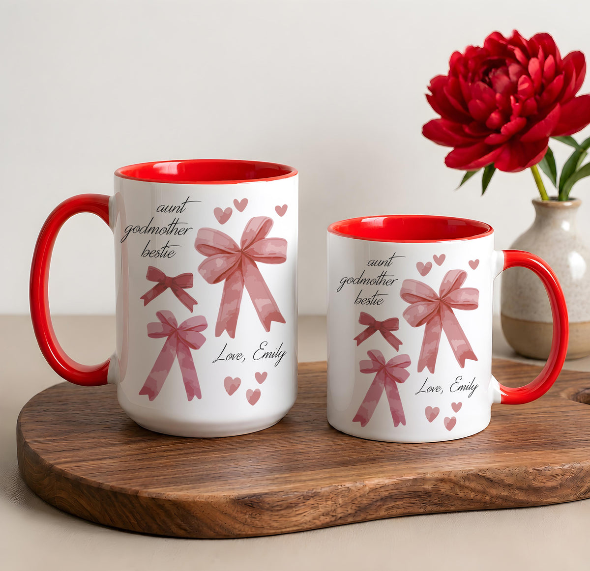 Personalized Aunt Godmother Bestie Ceramic Cup, Colorful Coquette Ribbon Bow Coffee Mug